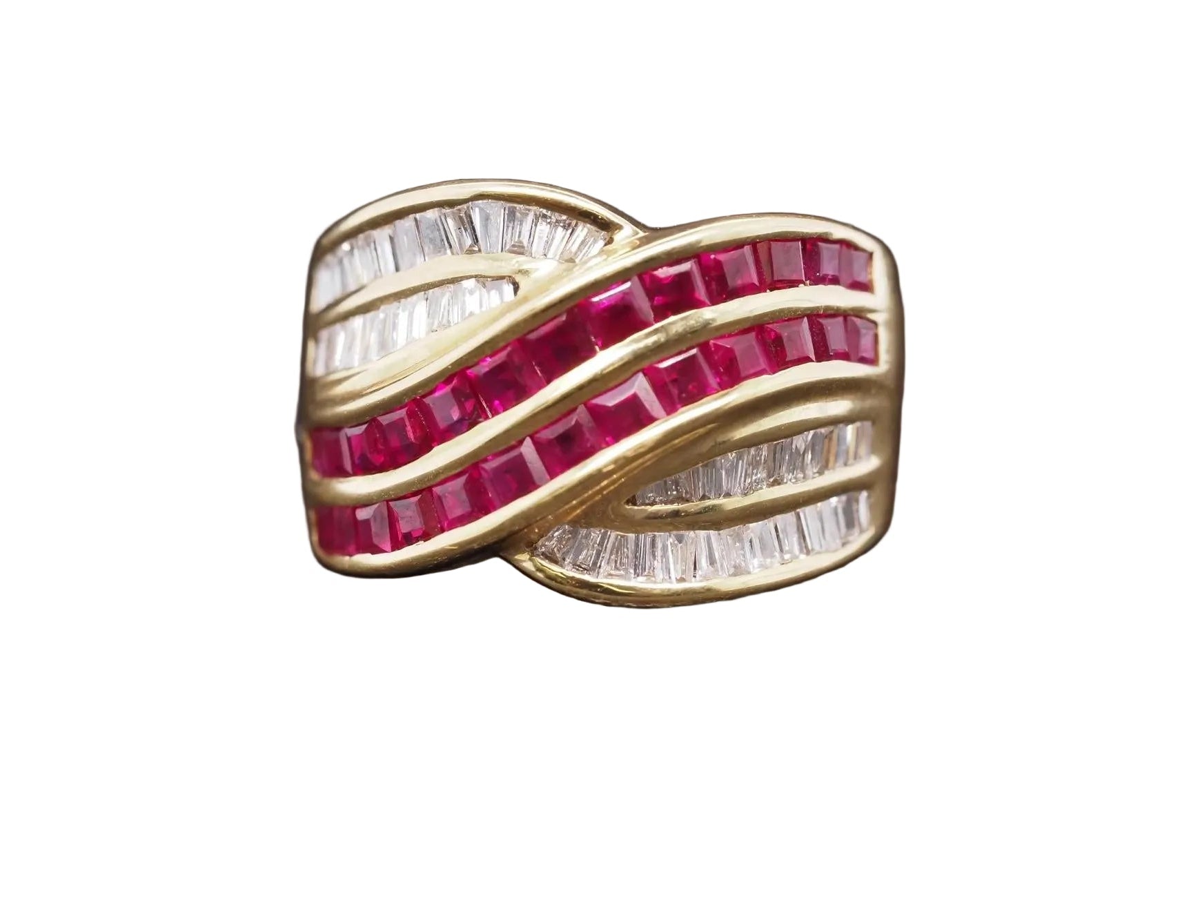 Estate 18K Yellow Gold Ruby and Diamond Crossover Band Ring - VHK#326A