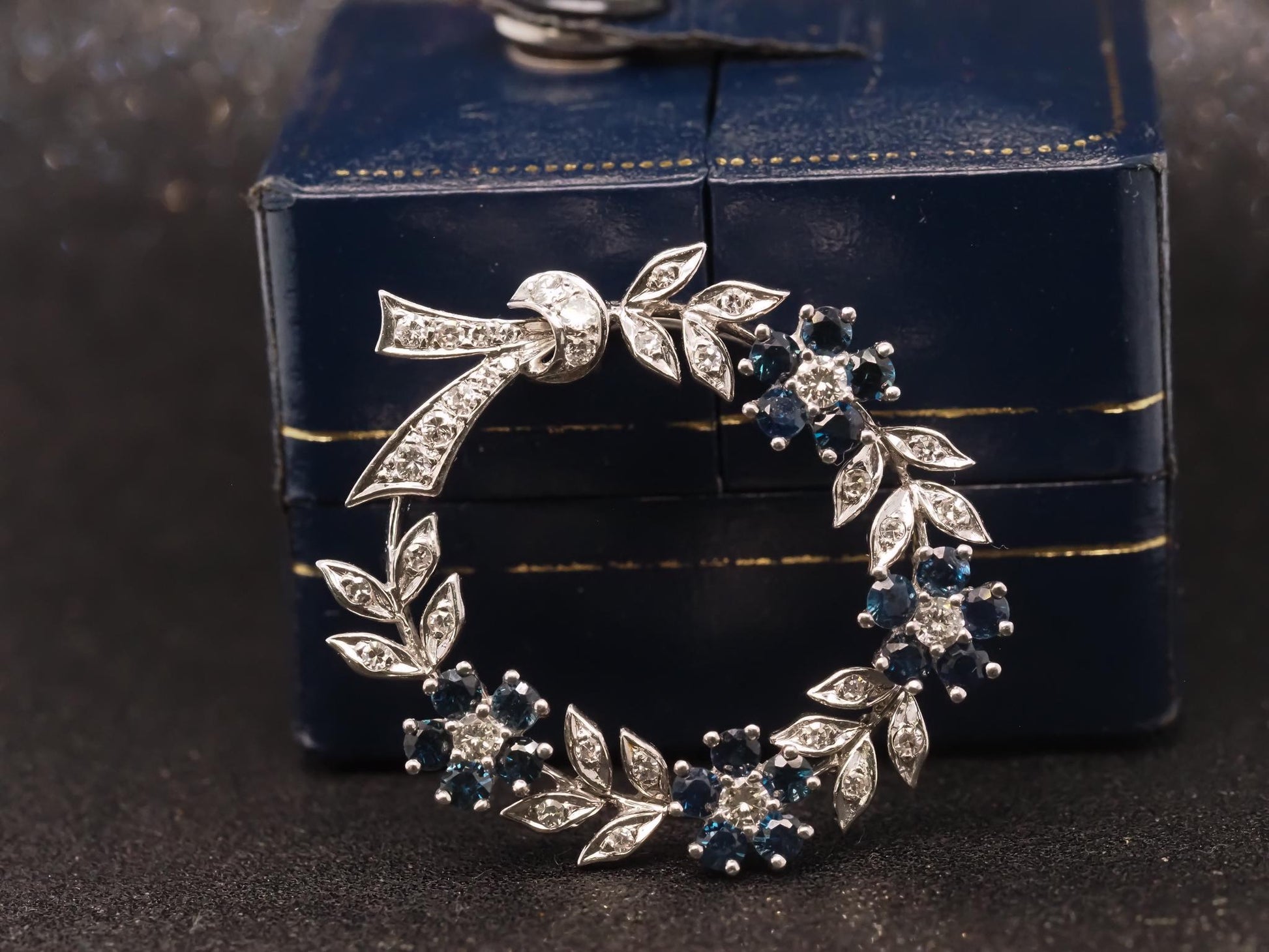 Estate 14K White Gold Diamond & Sapphire Brooch - VHK#393A