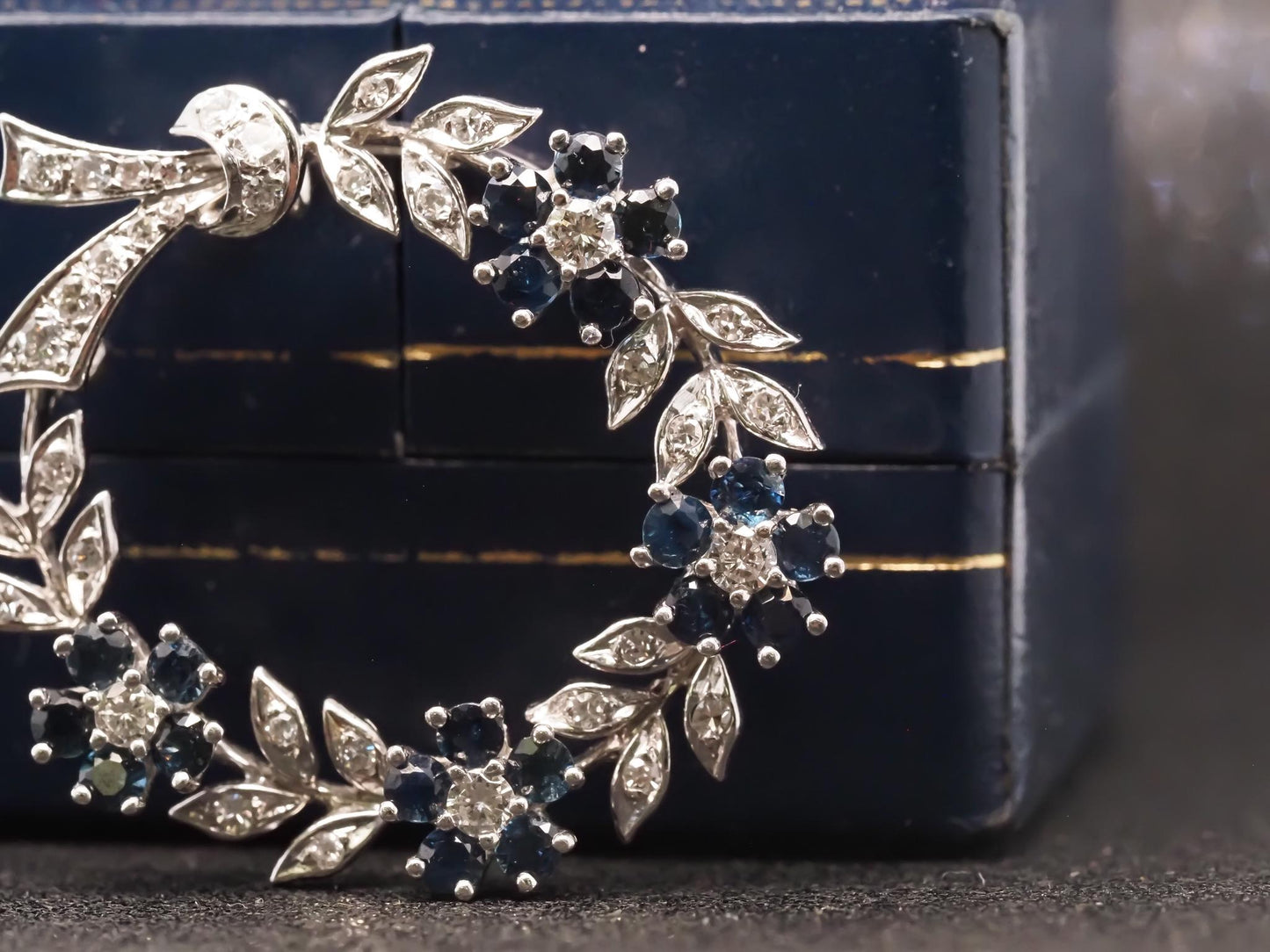 Estate 14K White Gold Diamond & Sapphire Brooch - VHK#393A