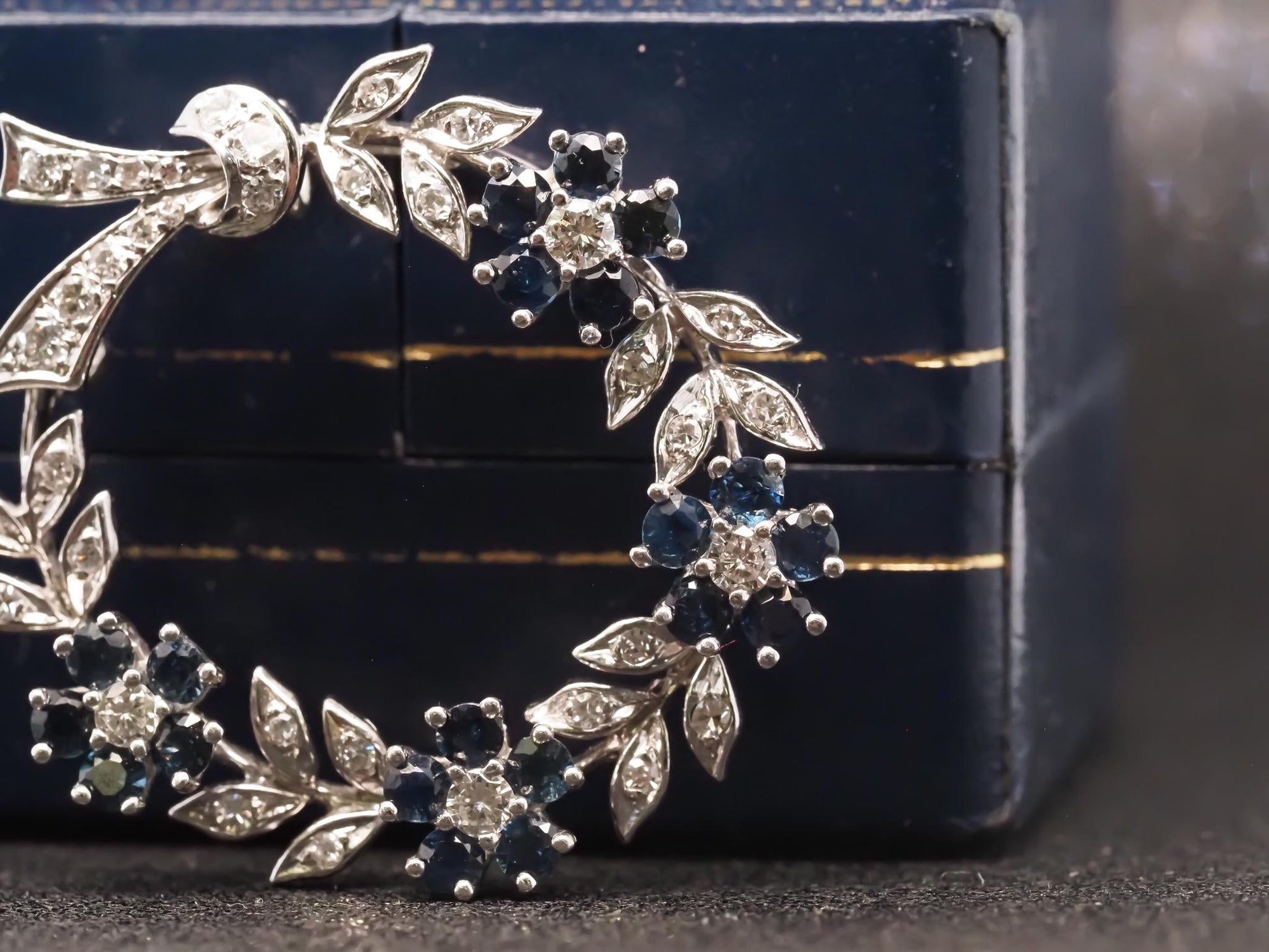 Estate 14K White Gold Diamond & Sapphire Brooch - VHK#393A