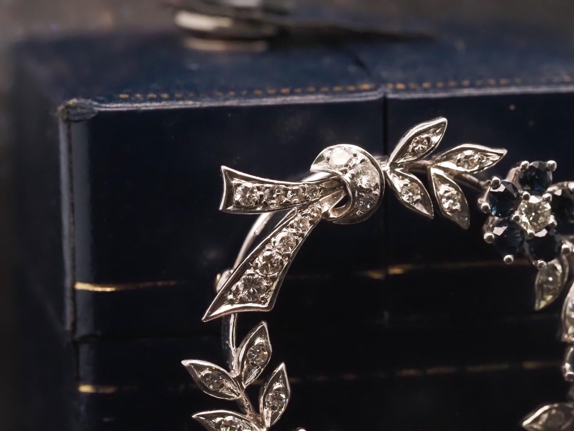 Estate 14K White Gold Diamond & Sapphire Brooch - VHK#393A