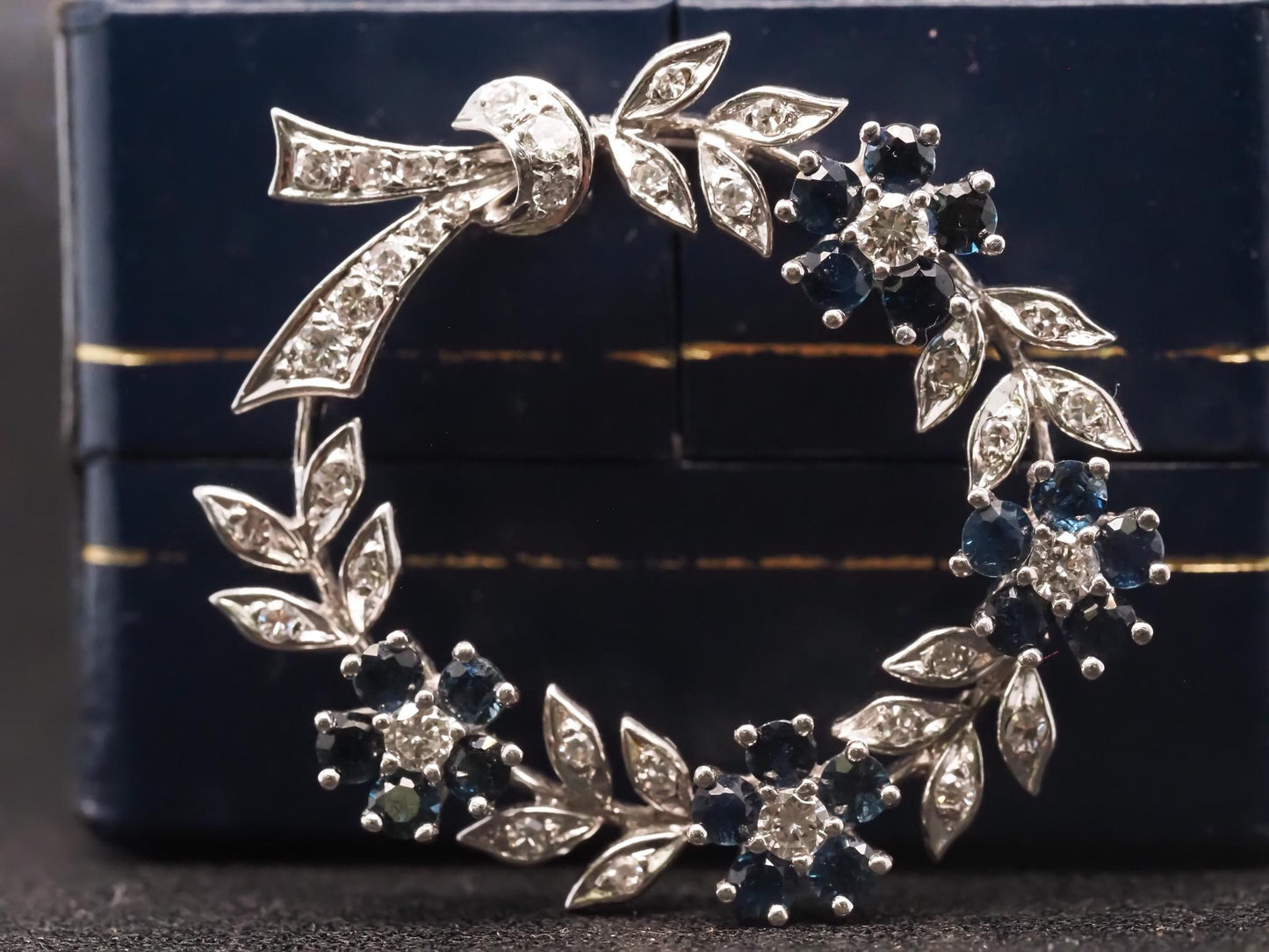 Estate 14K White Gold Diamond & Sapphire Brooch - VHK#393A