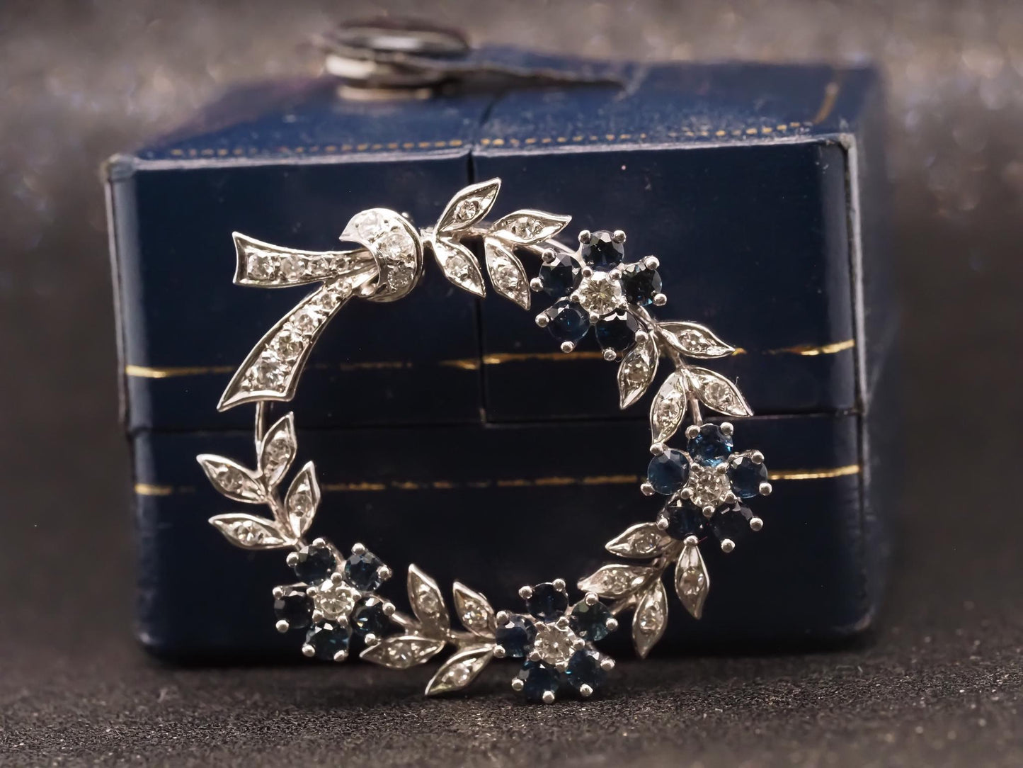 Estate 14K White Gold Diamond & Sapphire Brooch - VHK#393A