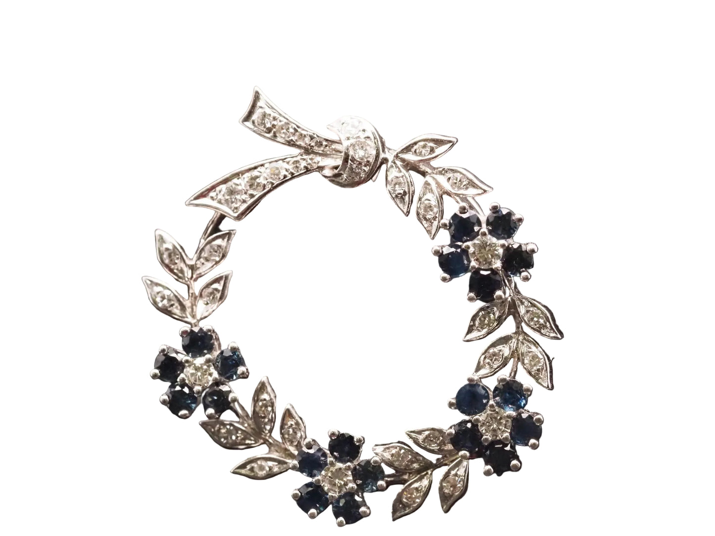 Estate 14K White Gold Diamond & Sapphire Brooch - VHK#393A