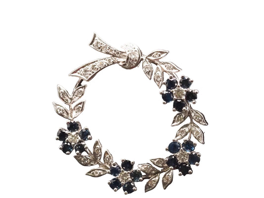 Estate 14K White Gold Diamond & Sapphire Brooch - VHK#393A