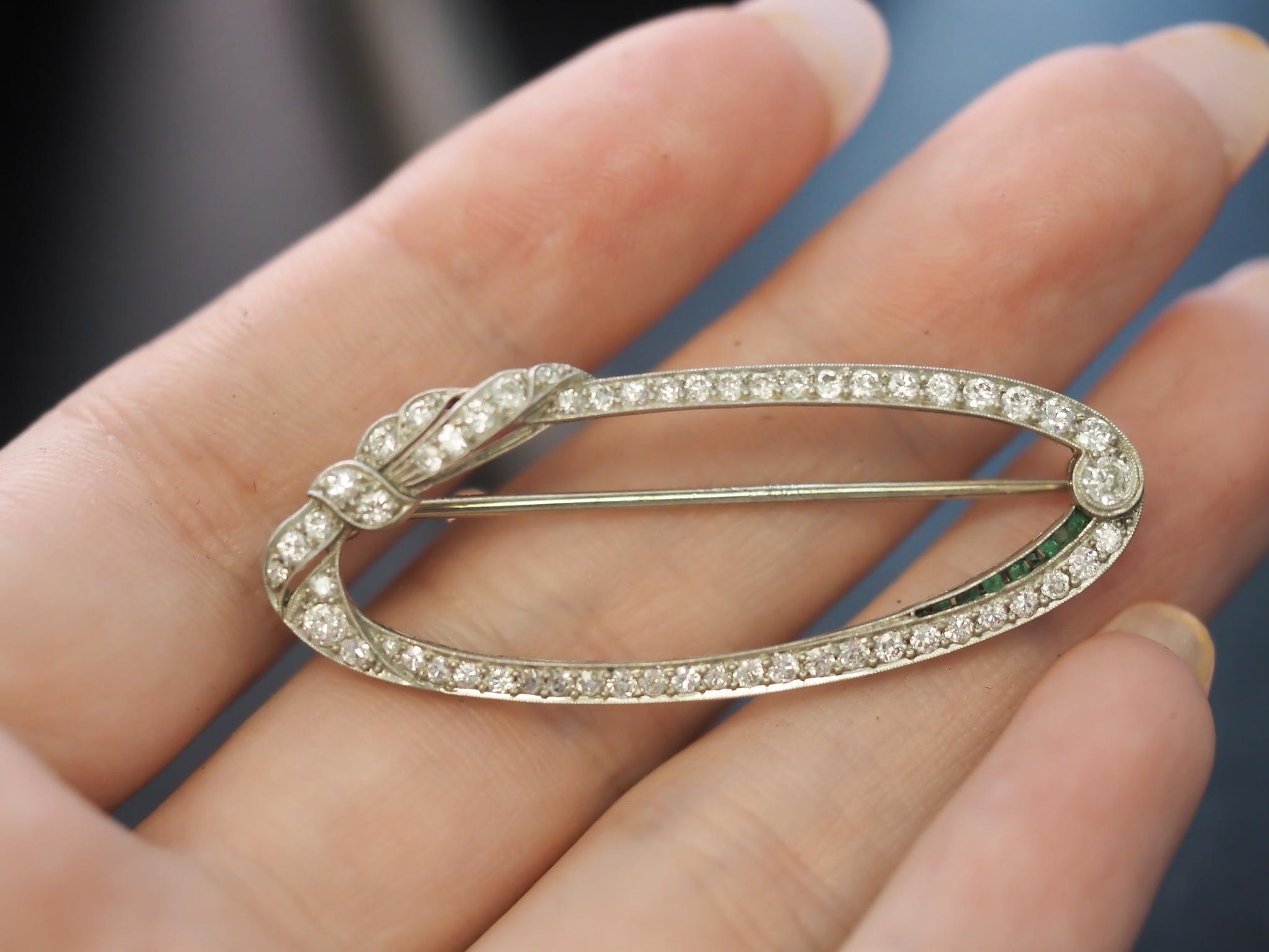 Estate Art Deco Platinum Diamond and Emerald Brooch - VHK#341B