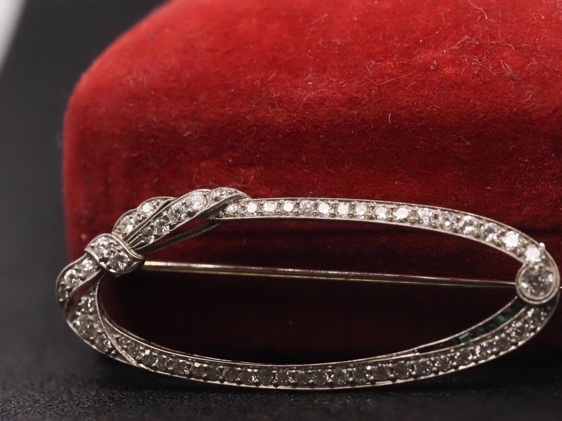 Estate Art Deco Platinum Diamond and Emerald Brooch - VHK#341B