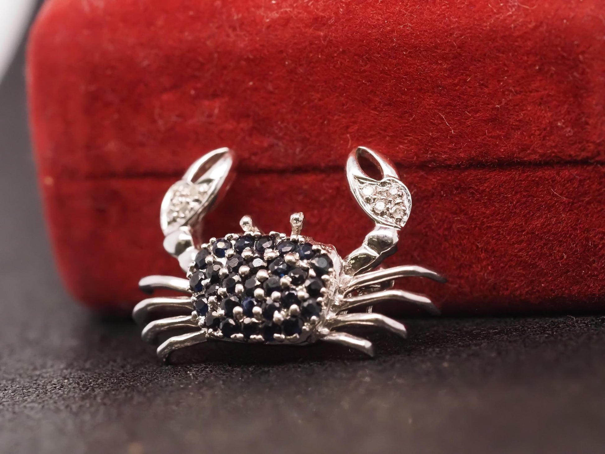 Estate 14K White Gold Sapphire and Diamond Crab Brooch - VHK#319A