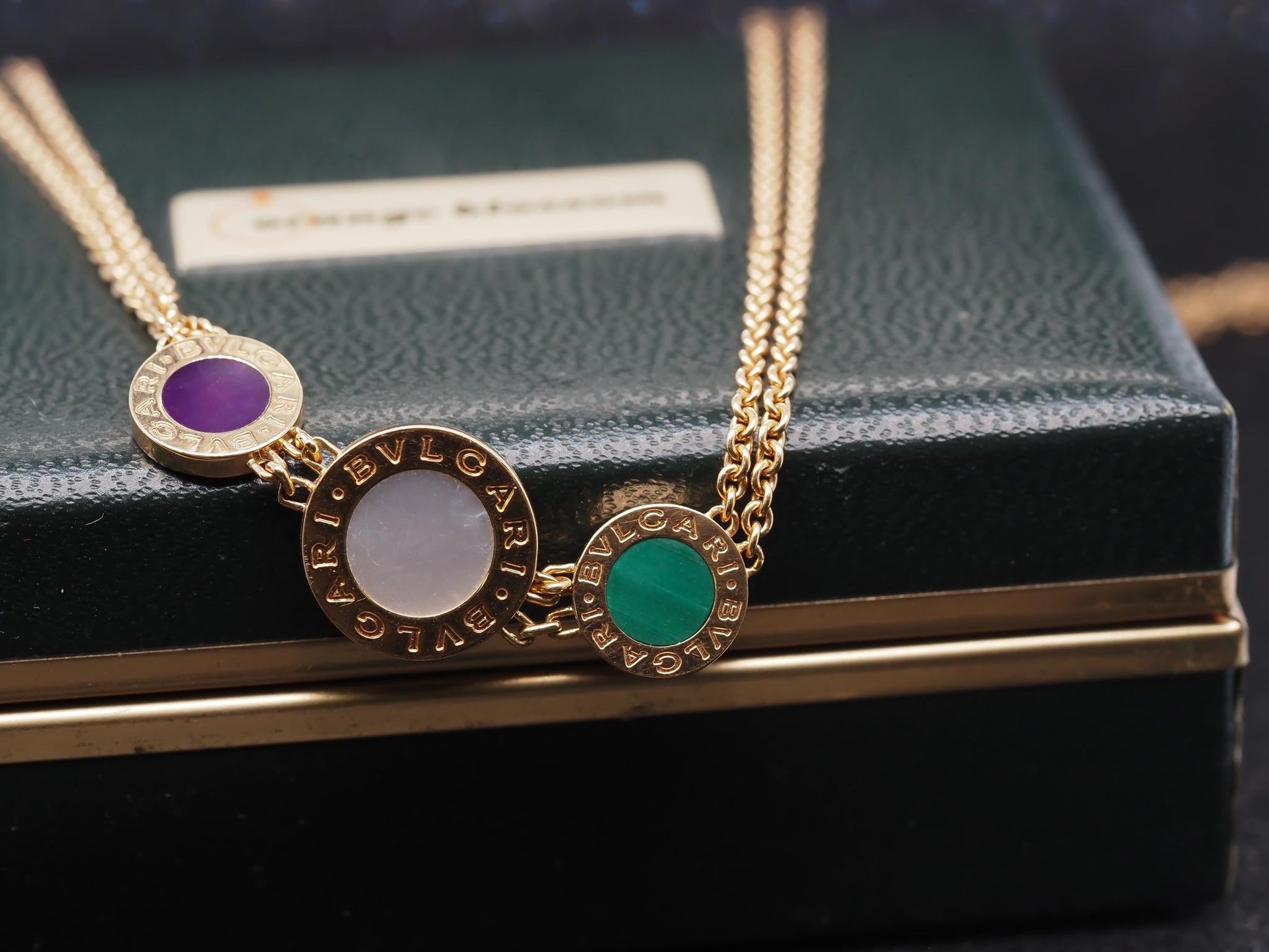 Estate BVLGARI 18K Yellow Gold Malachite, Mother Of Pearl, Sugilite Necklace