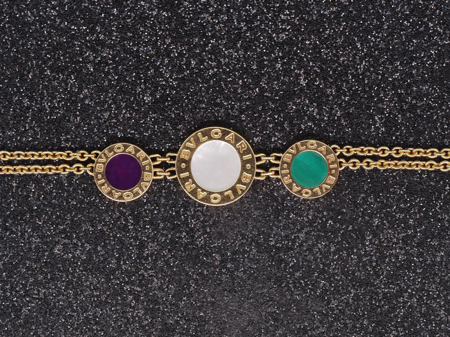 Estate BVLGARI 18K Yellow Gold Malachite, Mother Of Pearl, Sugilite Necklace