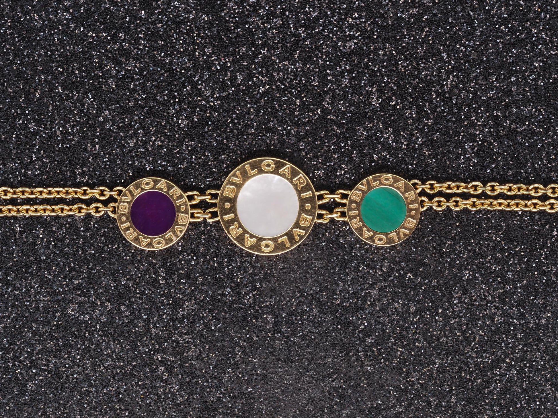 Estate BVLGARI 18K Yellow Gold Malachite, Mother Of Pearl, Sugilite Necklace