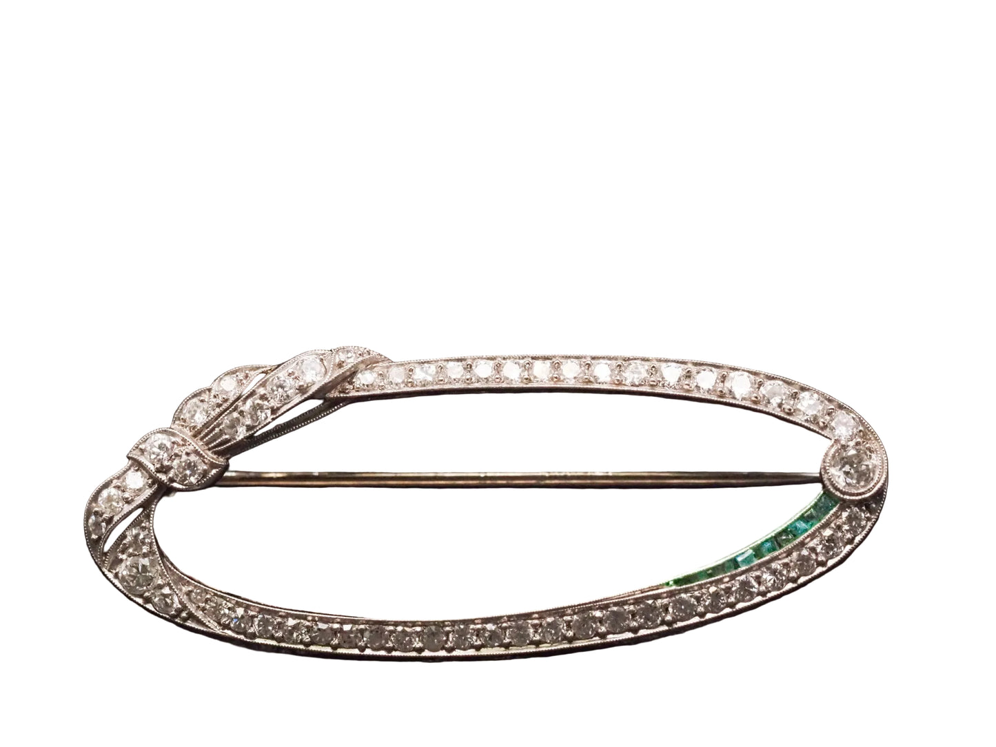 Estate Art Deco Platinum Diamond and Emerald Brooch - VHK#341B