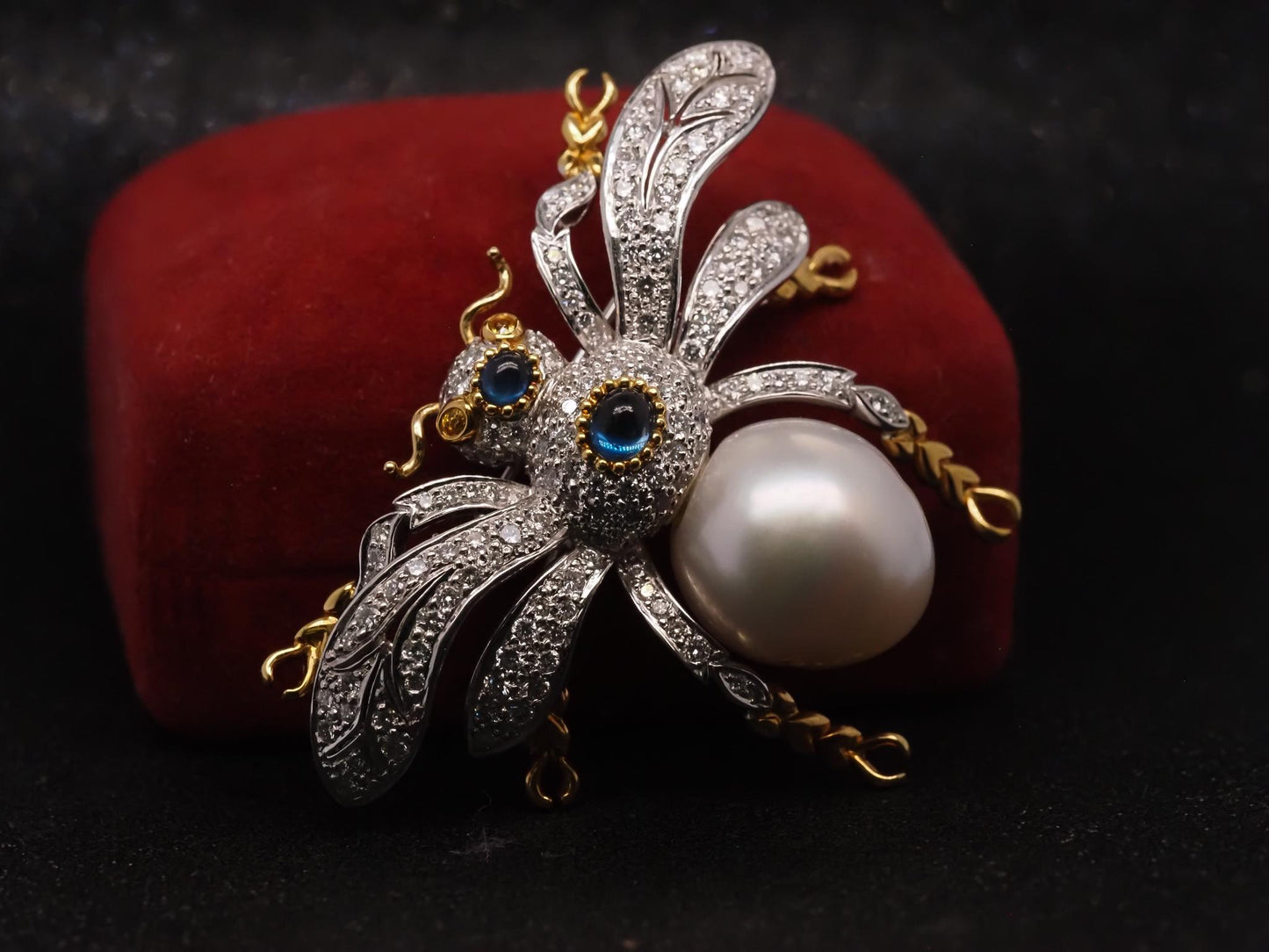Estate 18K Gold Fly Bug Brooch with Diamonds, Sapphire and Pearls - VHK#483A