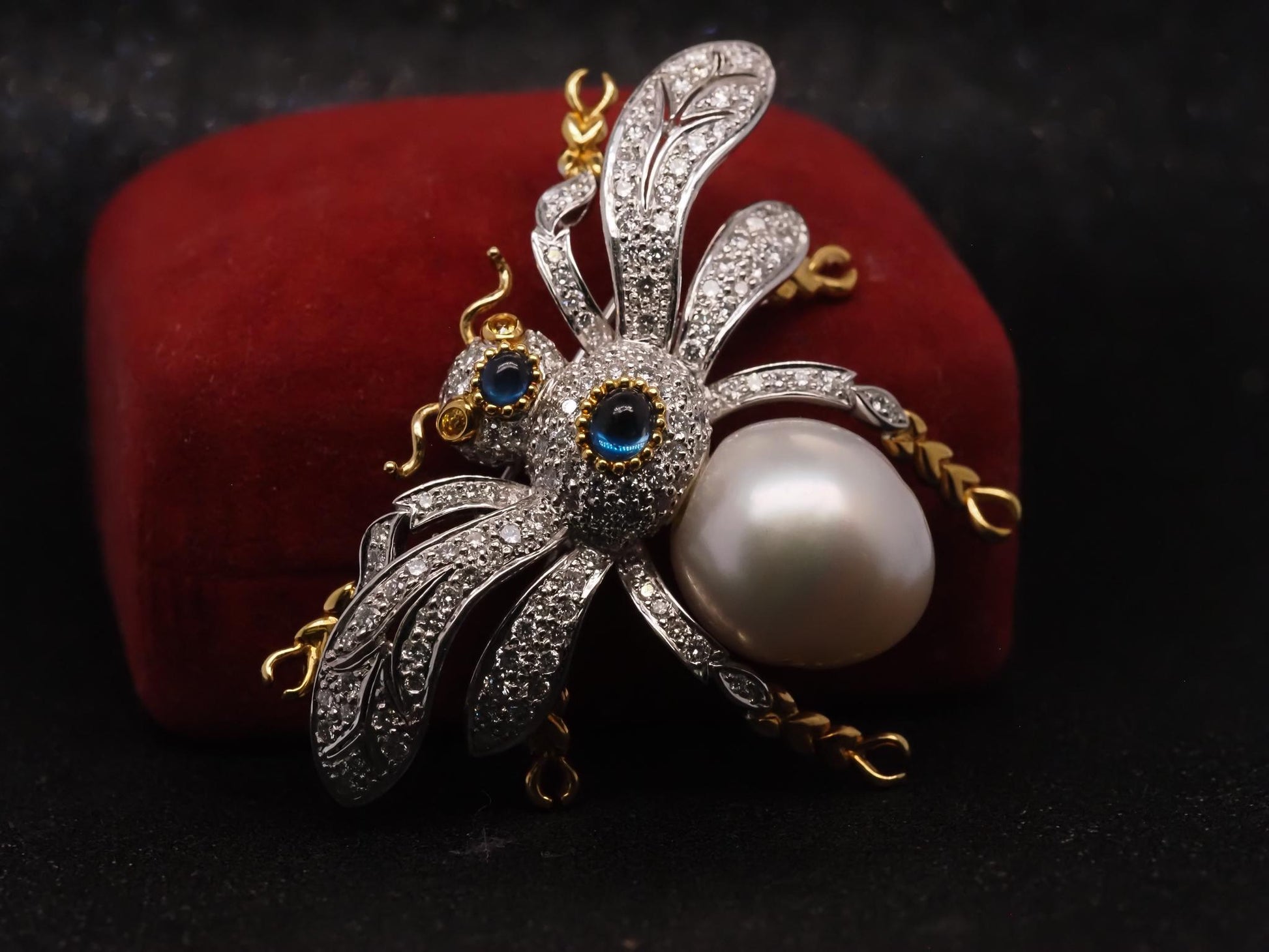 Estate 18K Gold Fly Bug Brooch with Diamonds, Sapphire and Pearls - VHK#483A