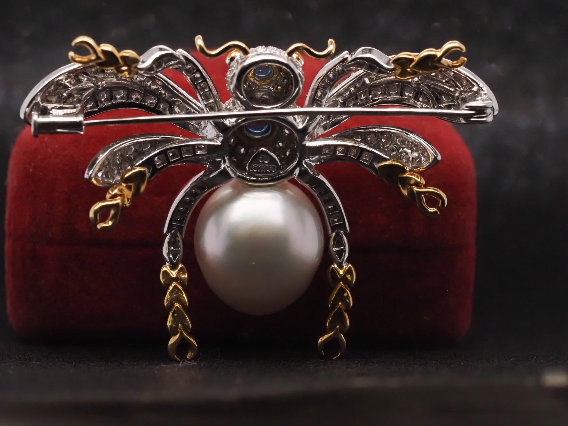Estate 18K Gold Fly Bug Brooch with Diamonds, Sapphire and Pearls - VHK#483A