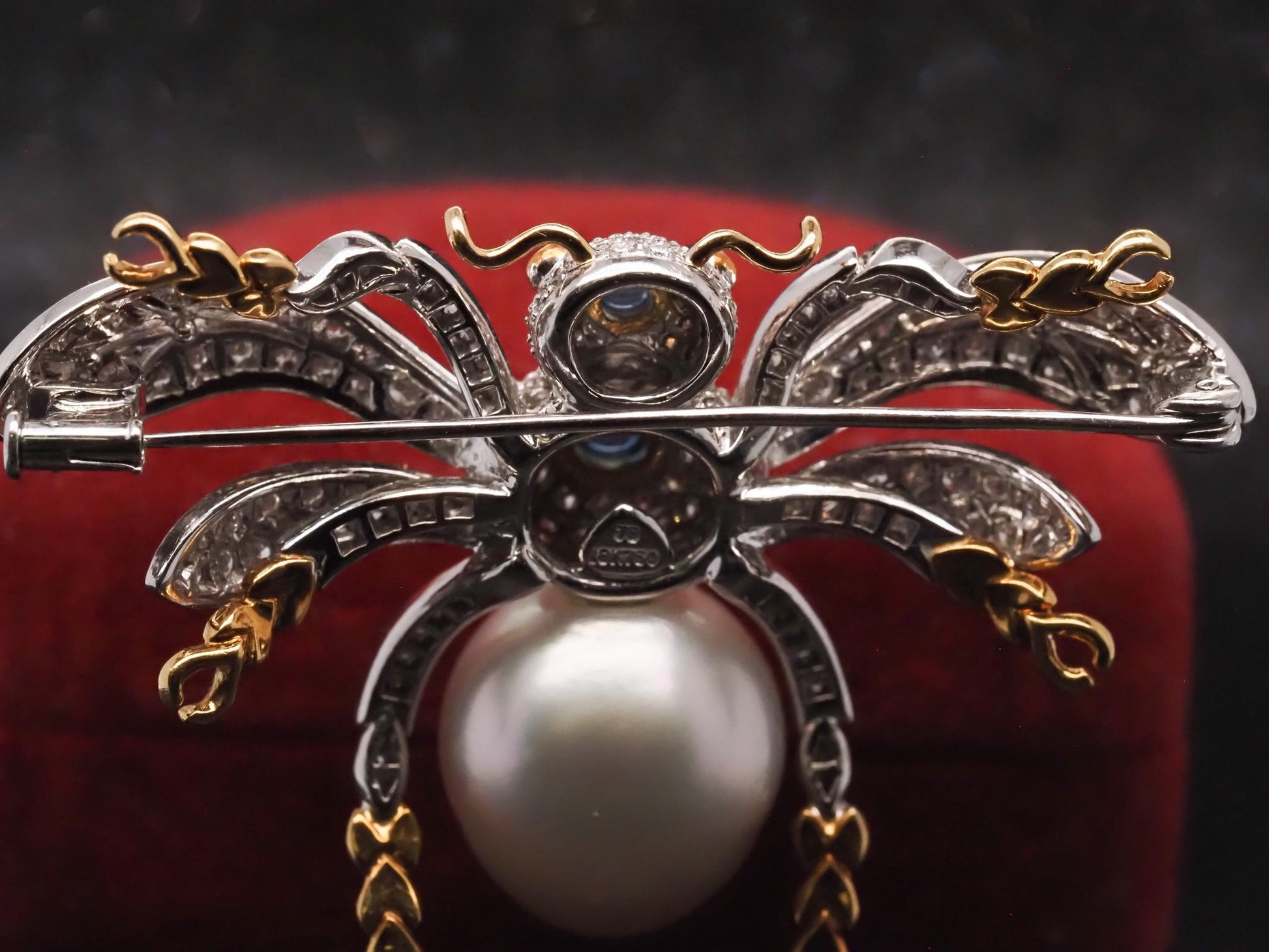 Estate 18K Gold Fly Bug Brooch with Diamonds, Sapphire and Pearls - VHK#483A