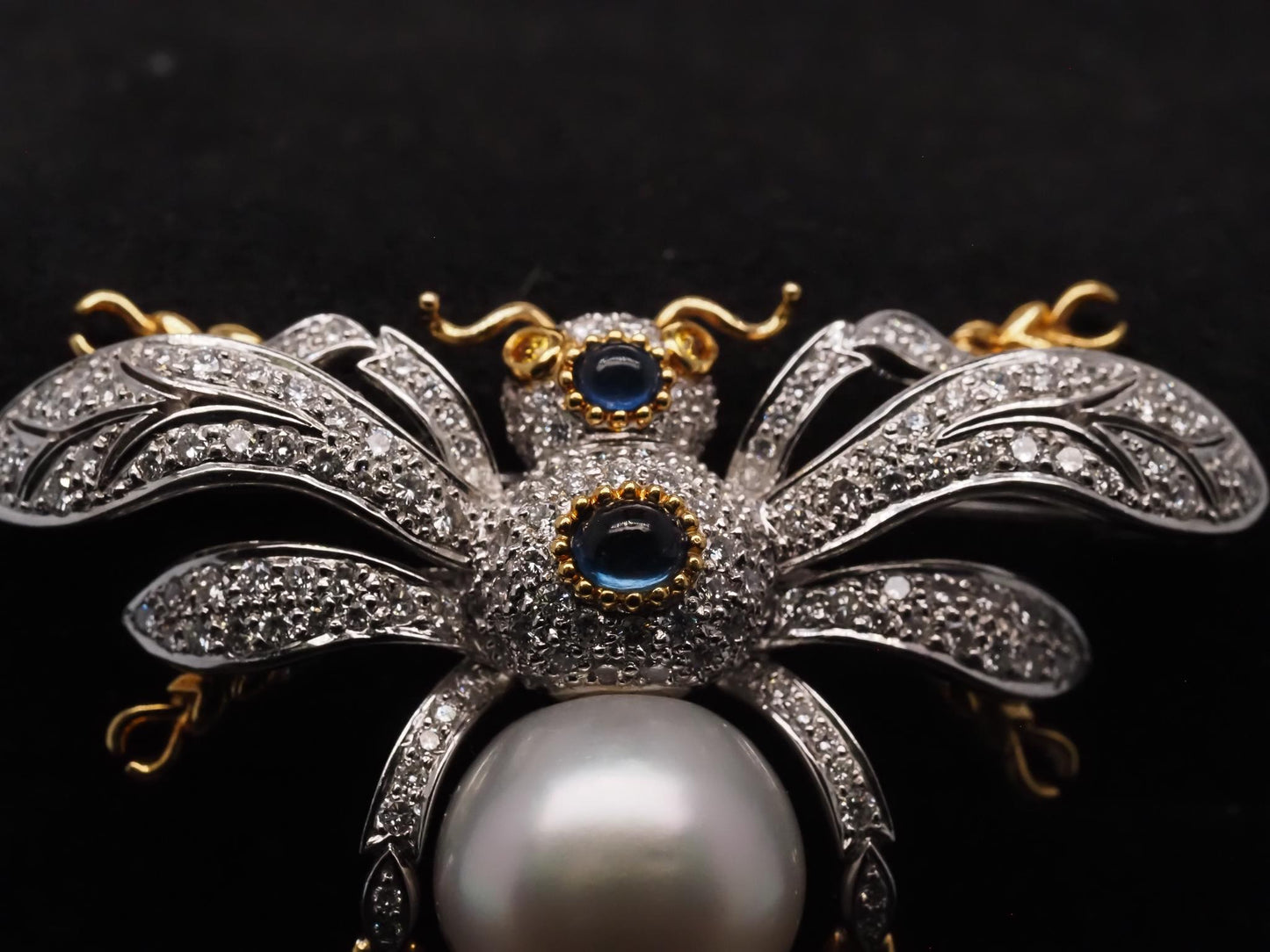 Estate 18K Gold Fly Bug Brooch with Diamonds, Sapphire and Pearls - VHK#483A