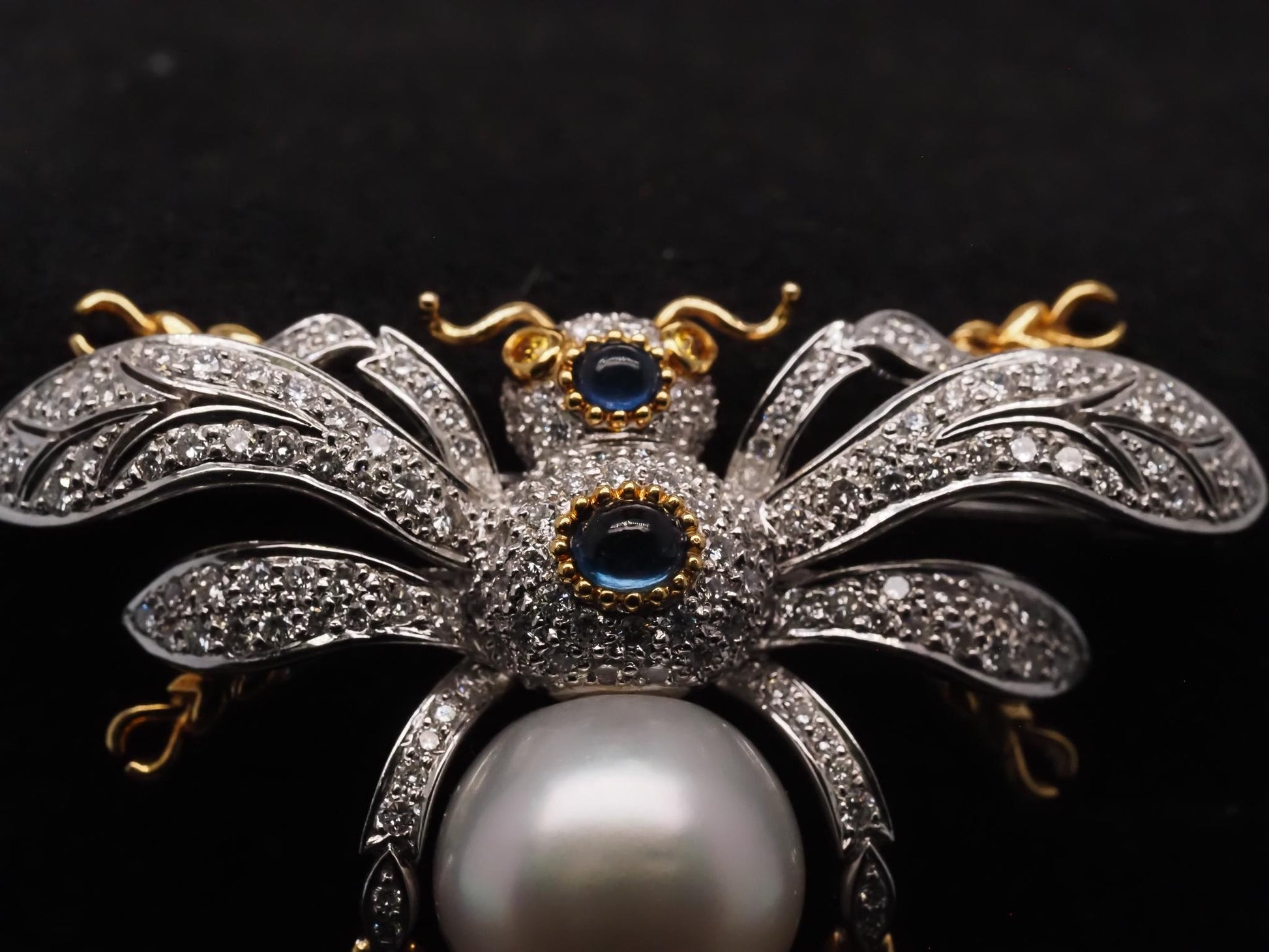 Estate 18K Gold Fly Bug Brooch with Diamonds, Sapphire and Pearls - VHK#483A