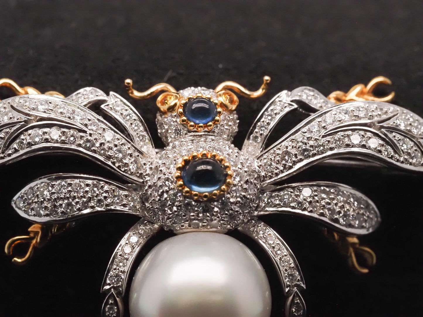 Estate 18K Gold Fly Bug Brooch with Diamonds, Sapphire and Pearls - VHK#483A