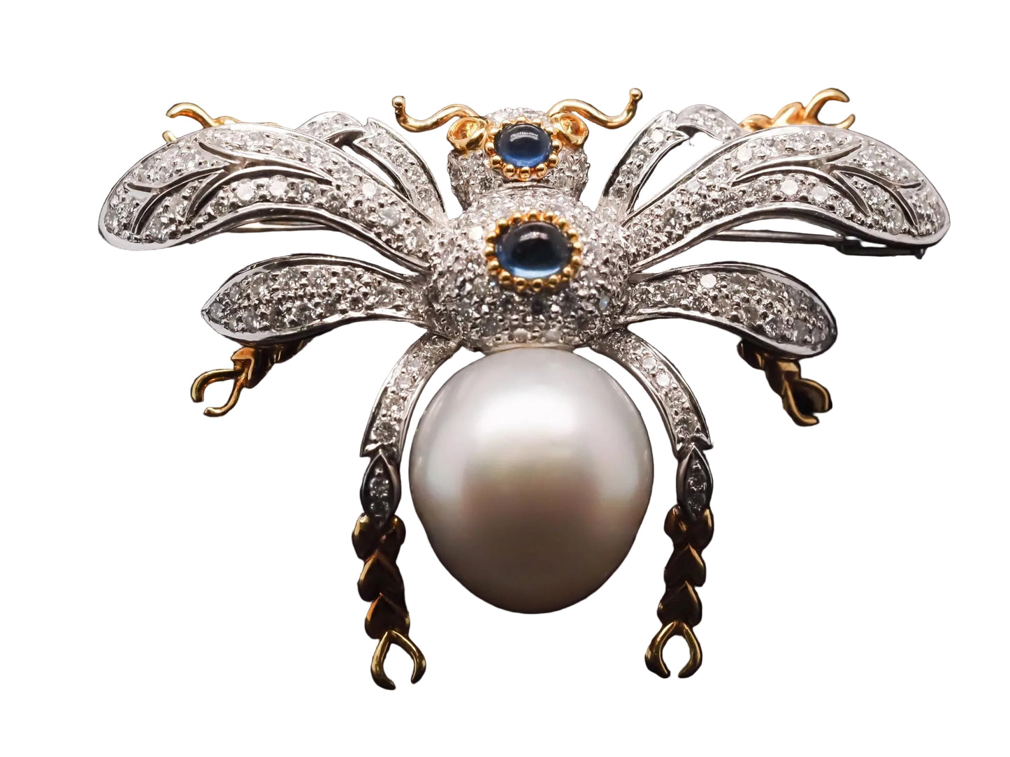 Estate 18K Gold Fly Bug Brooch with Diamonds, Sapphire and Pearls - VHK#483A