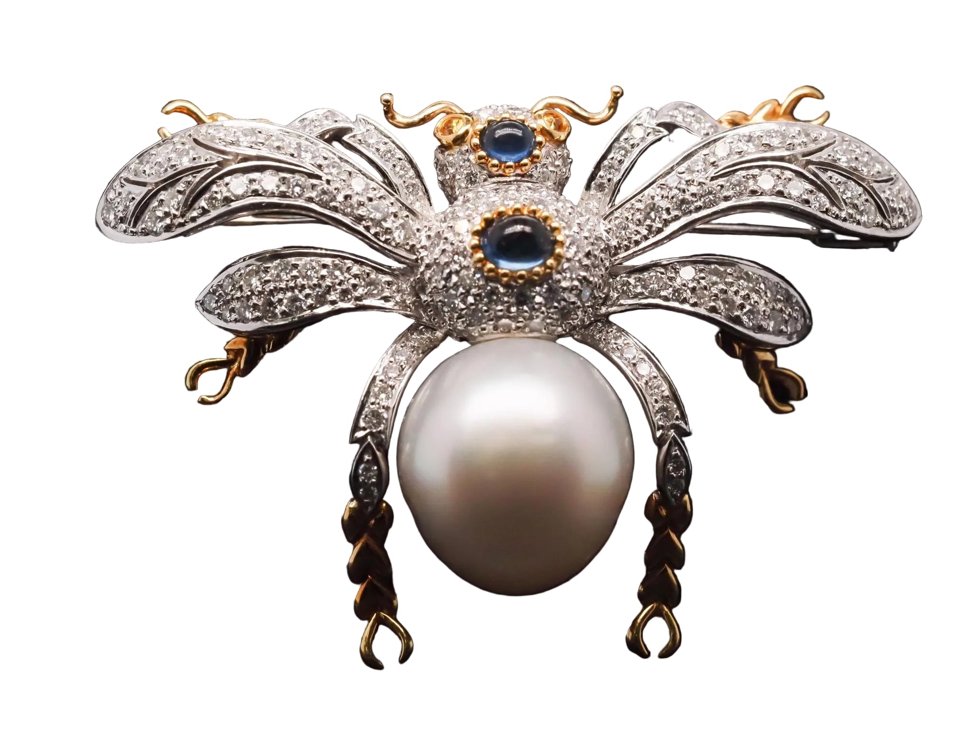 Estate 18K Gold Fly Bug Brooch with Diamonds, Sapphire and Pearls - VHK#483A