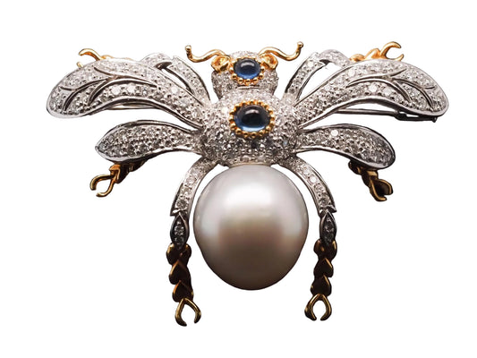 Estate 18K Gold Fly Bug Brooch with Diamonds, Sapphire and Pearls - VHK#483A