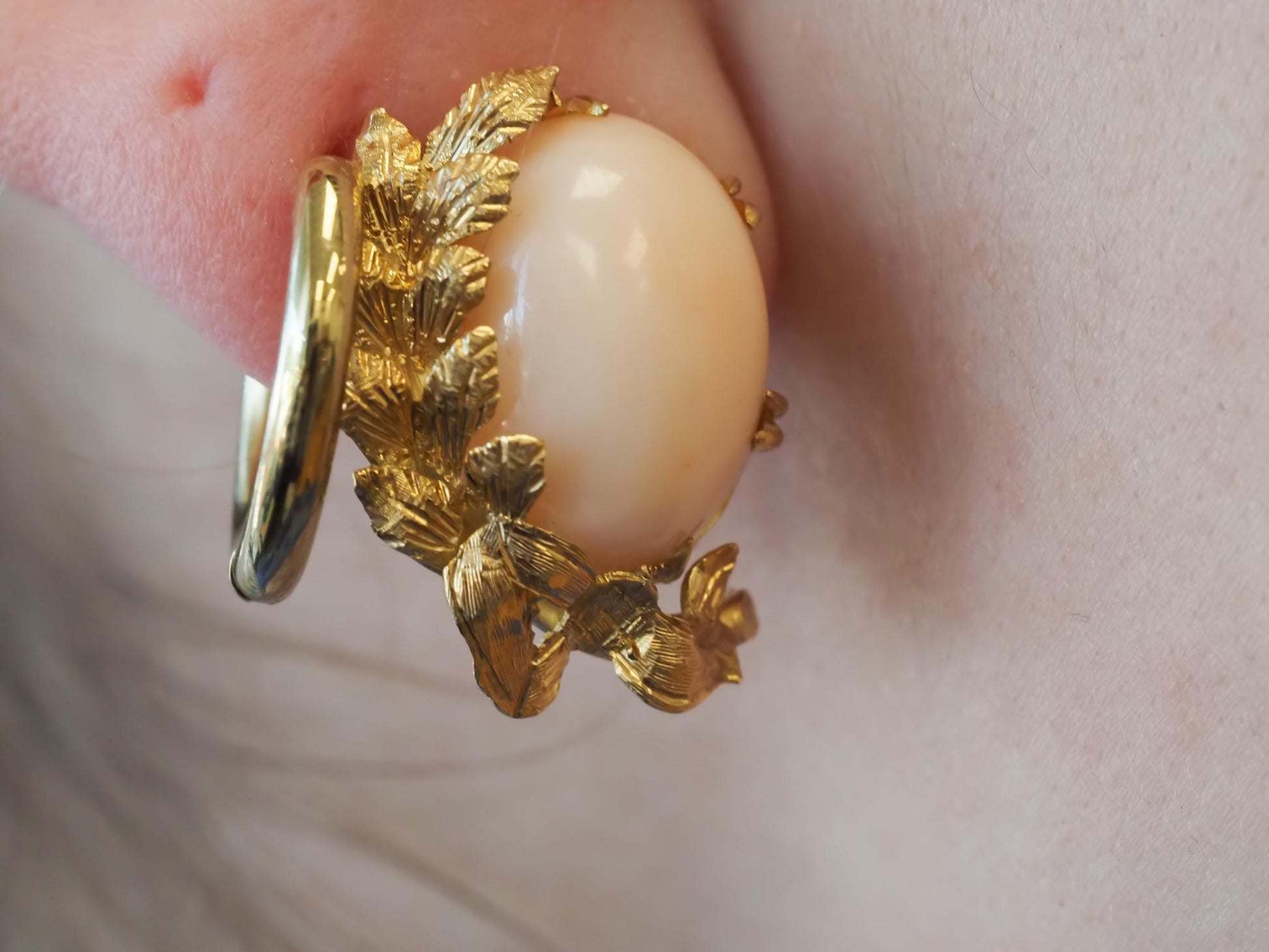 Estate 18K Yellow Gold Angel Skin Coral Earrings - VHK#349B
