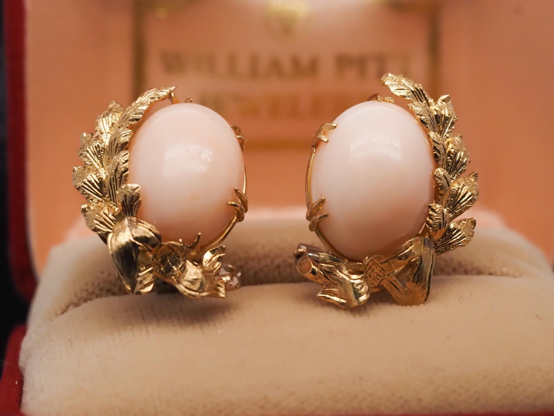 Estate 18K Yellow Gold Angel Skin Coral Earrings - VHK#349B
