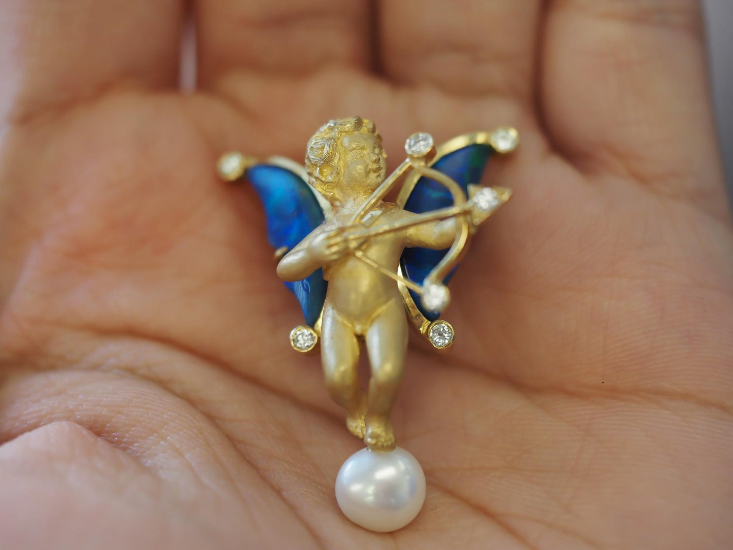 Estate 18K Yellow Gold Cupid Shooting Arrow with Opal, Diamond and Pearl