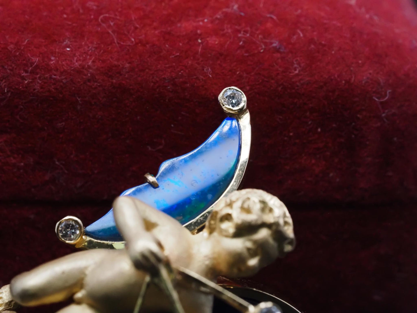 Estate 18K Yellow Gold Cupid Shooting Arrow with Opal, Diamond and Pearl