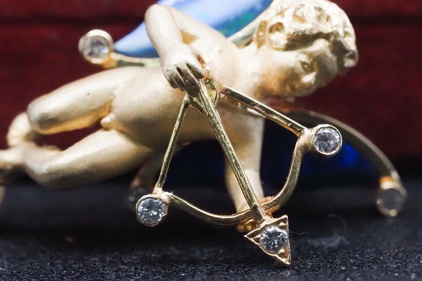 Estate 18K Yellow Gold Cupid Shooting Arrow with Opal, Diamond and Pearl