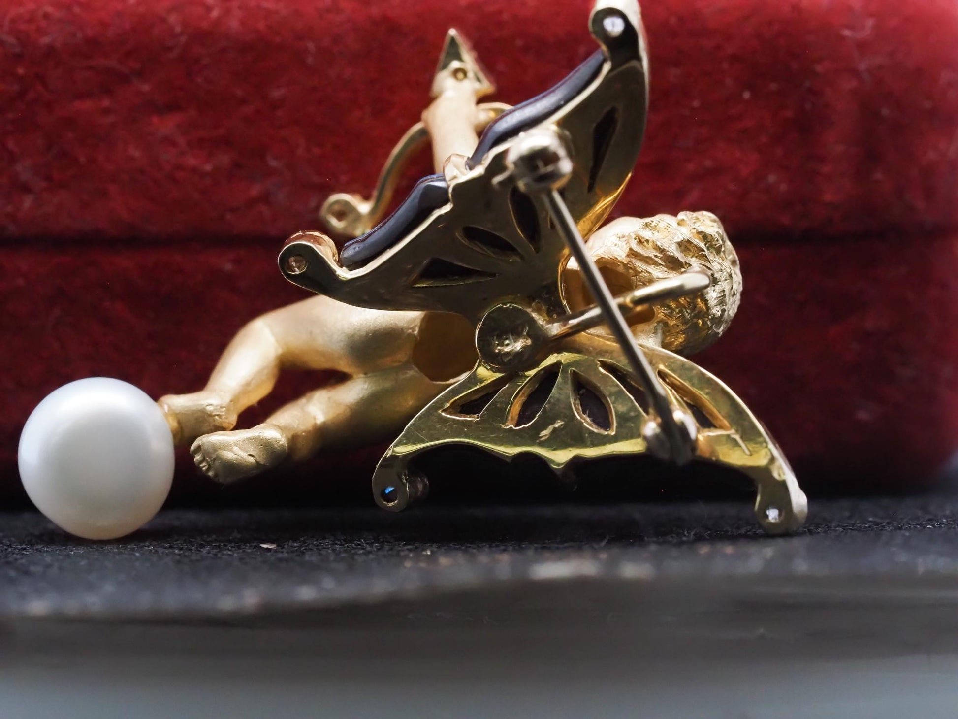 Estate 18K Yellow Gold Cupid Shooting Arrow with Opal, Diamond and Pearl