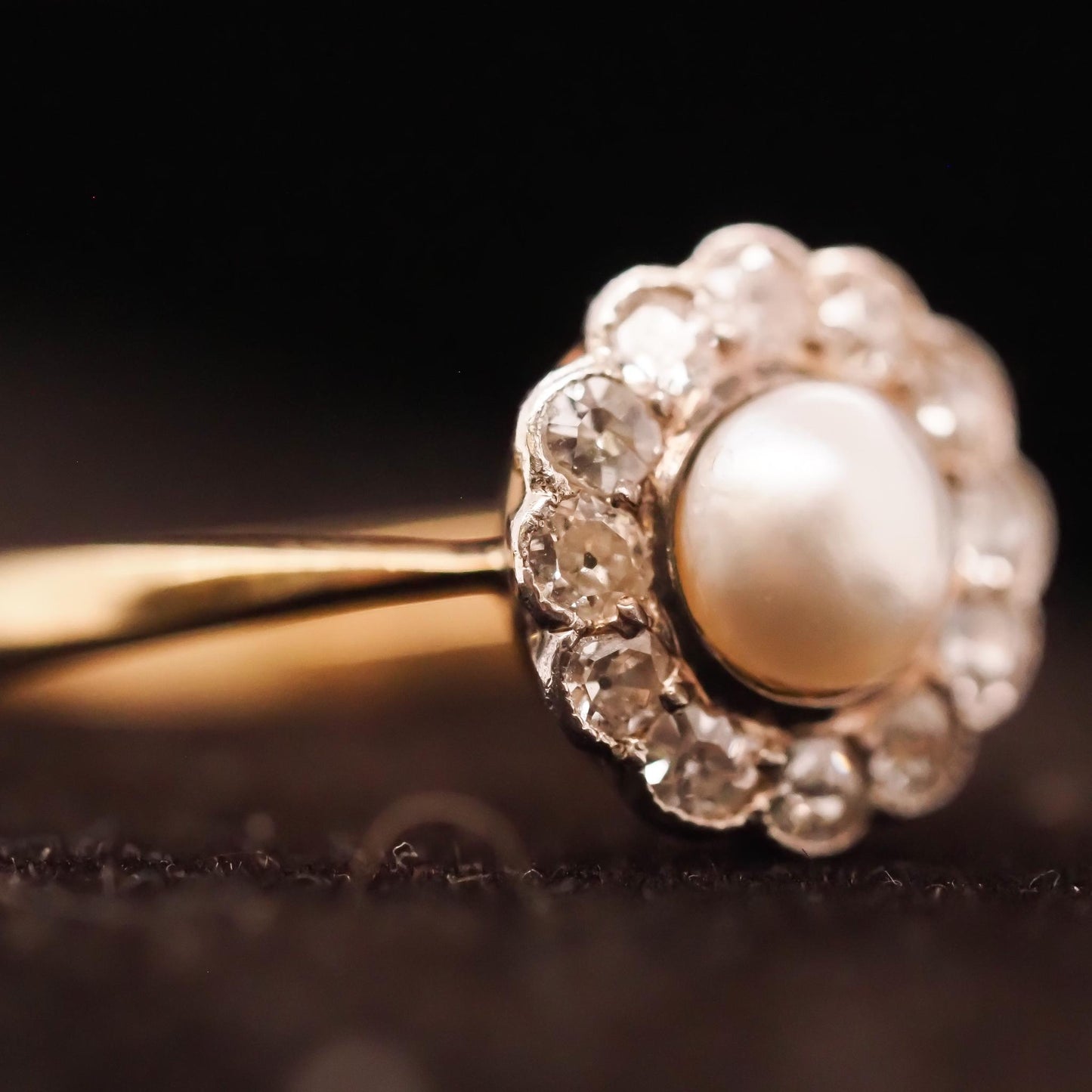 Circa 1900s Edwardian 14K Yellow Gold Pearl and Old European Diamond Ring - VHK#