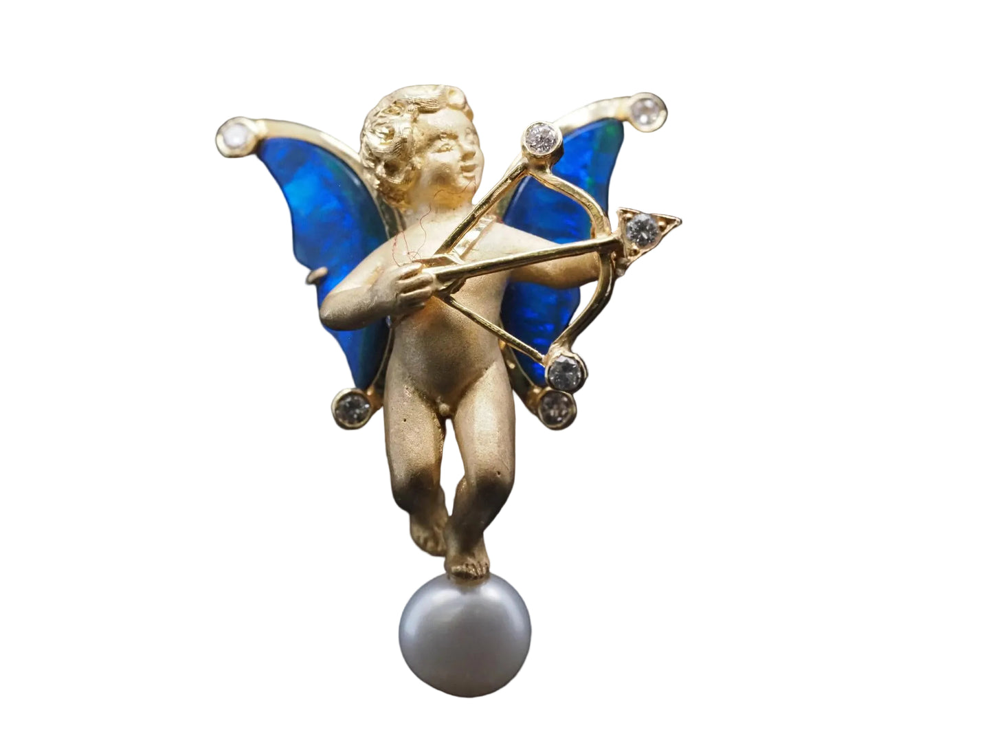 Estate 18K Yellow Gold Cupid Shooting Arrow with Opal, Diamond and Pearl