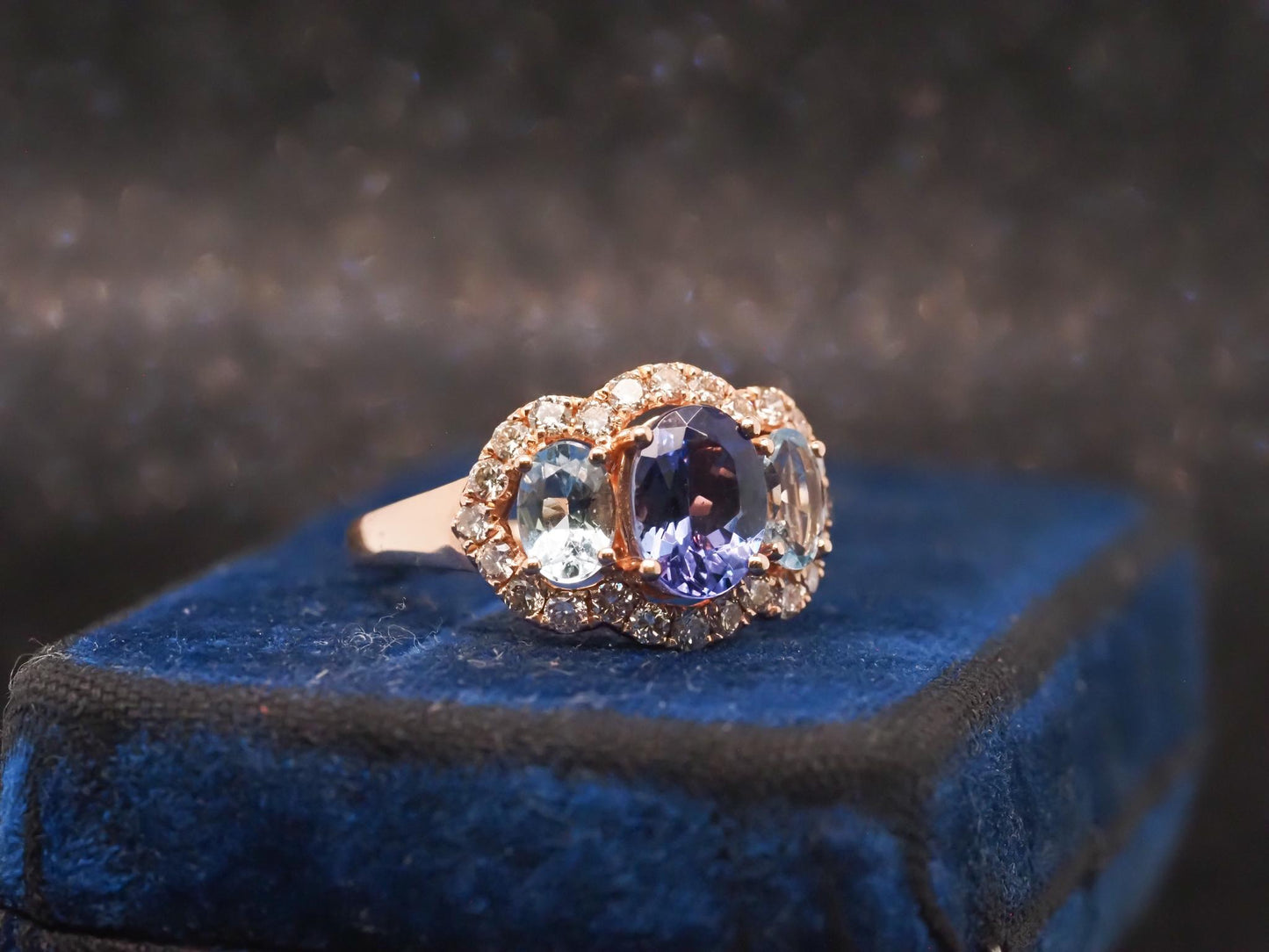 Estate 14K Yellow Gold LeVian Tanzanite, Aquamarine and Diamond Ring- VHK#1003A