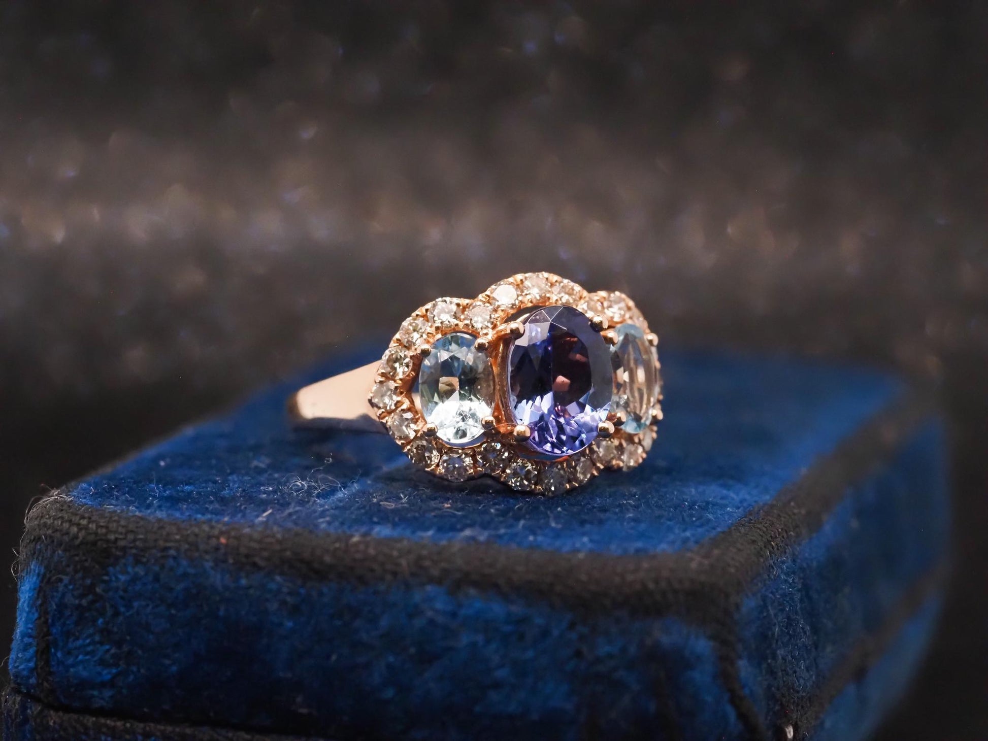 Estate 14K Yellow Gold LeVian Tanzanite, Aquamarine and Diamond Ring- VHK#1003A