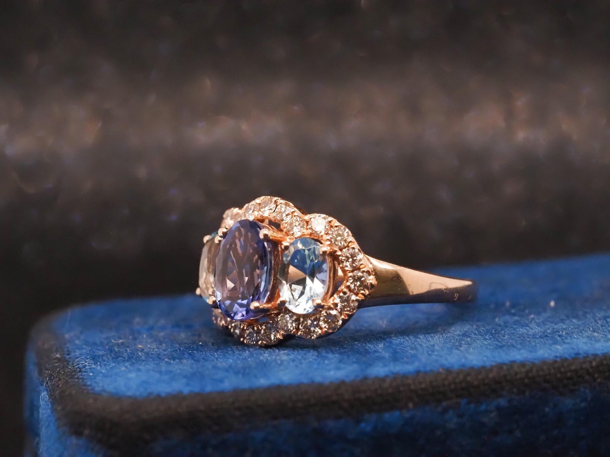 Estate 14K Yellow Gold LeVian Tanzanite, Aquamarine and Diamond Ring- VHK#1003A