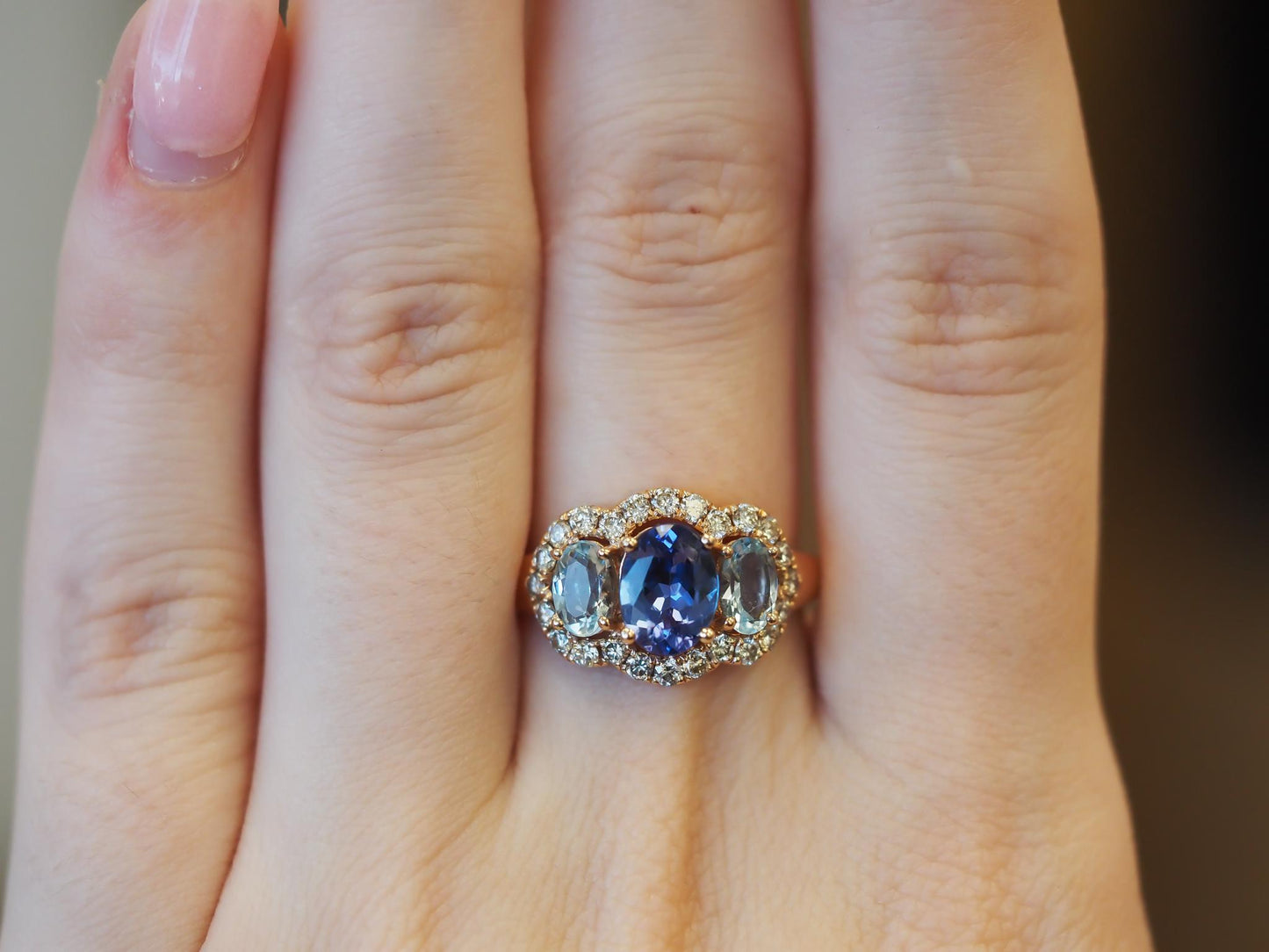 Estate 14K Yellow Gold LeVian Tanzanite, Aquamarine and Diamond Ring- VHK#1003A