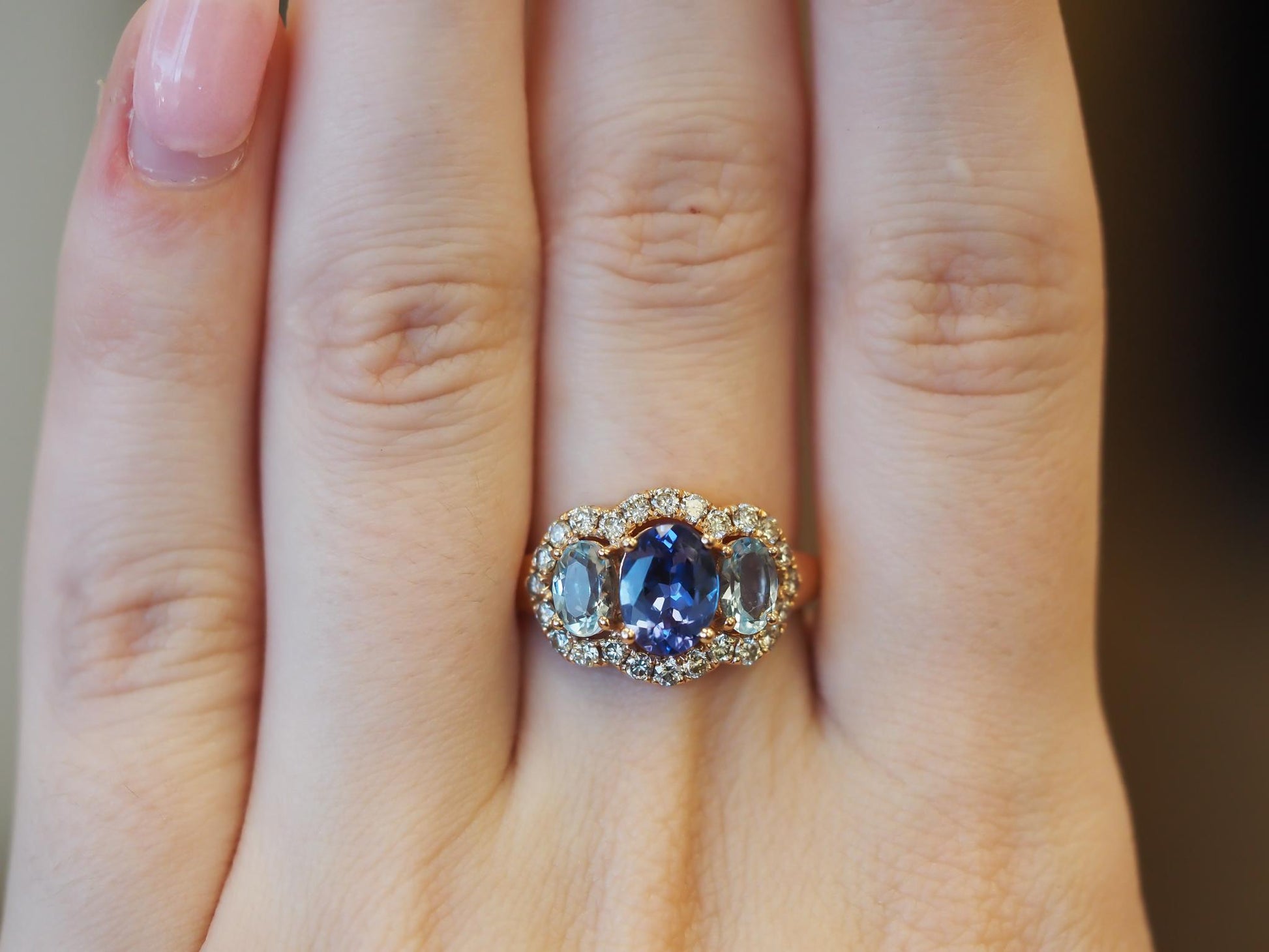 Estate 14K Yellow Gold LeVian Tanzanite, Aquamarine and Diamond Ring- VHK#1003A