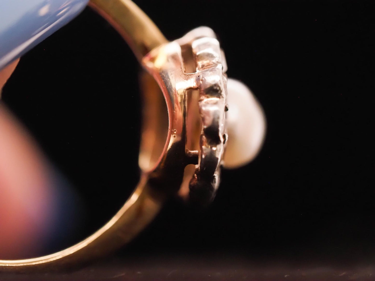Circa 1900s Edwardian 14K Yellow Gold Pearl and Old European Diamond Ring - VHK#