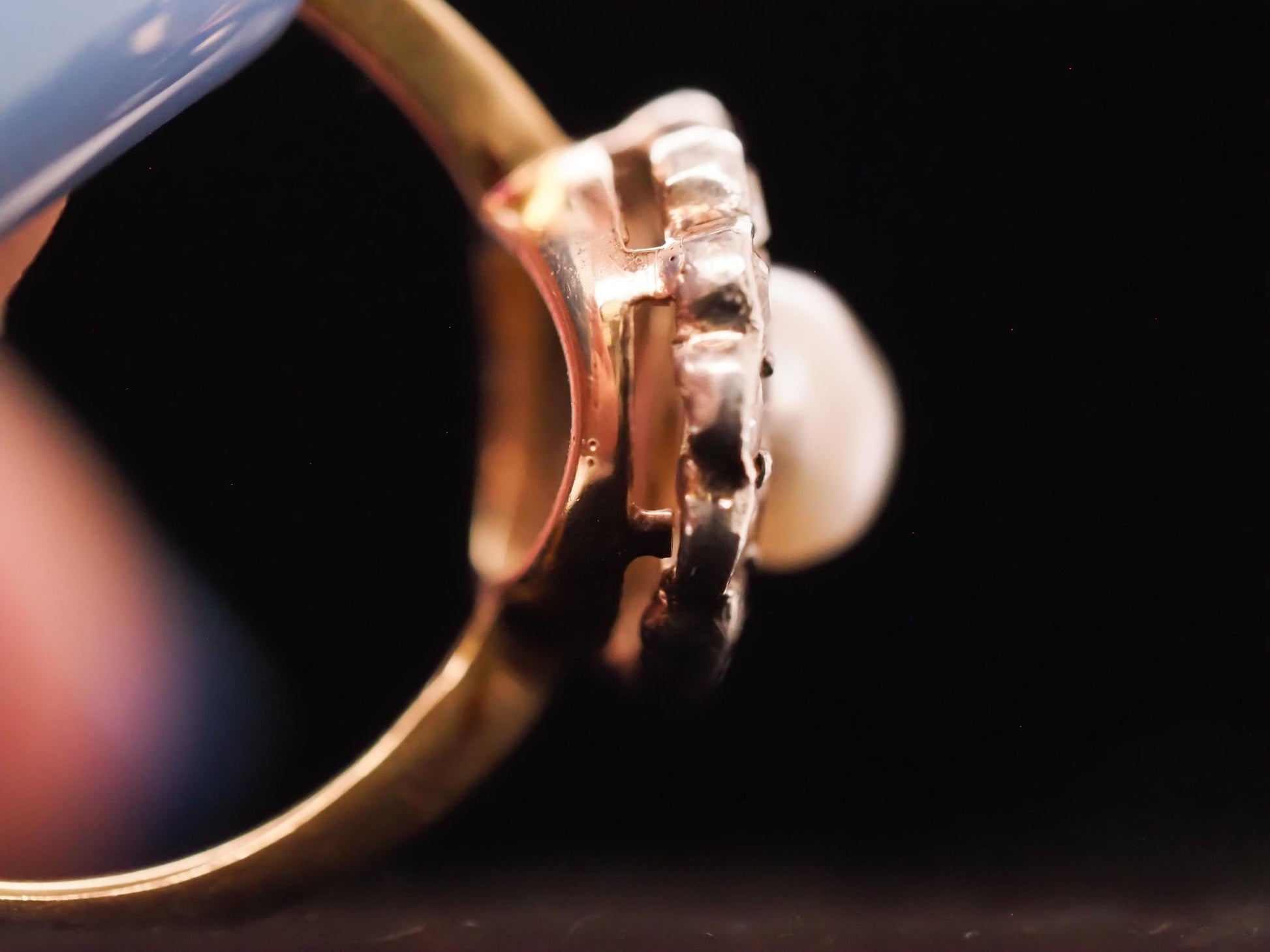 Circa 1900s Edwardian 14K Yellow Gold Pearl and Old European Diamond Ring - VHK#