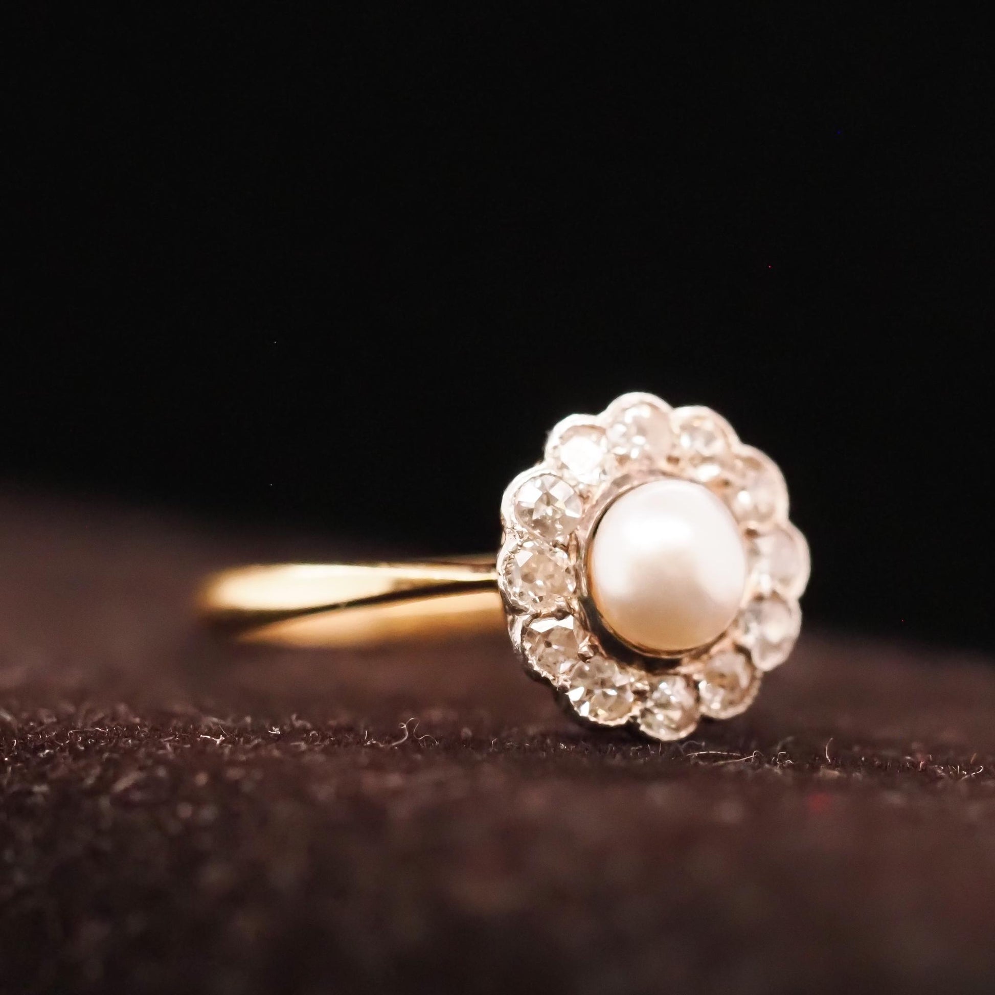 Circa 1900s Edwardian 14K Yellow Gold Pearl and Old European Diamond Ring - VHK#