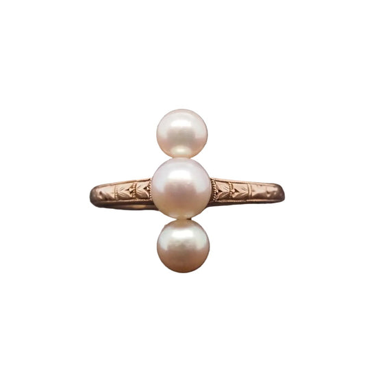 Estate Edwardian 14K Yellow Gold Pearl 3 Stone Ring - VHK#98a