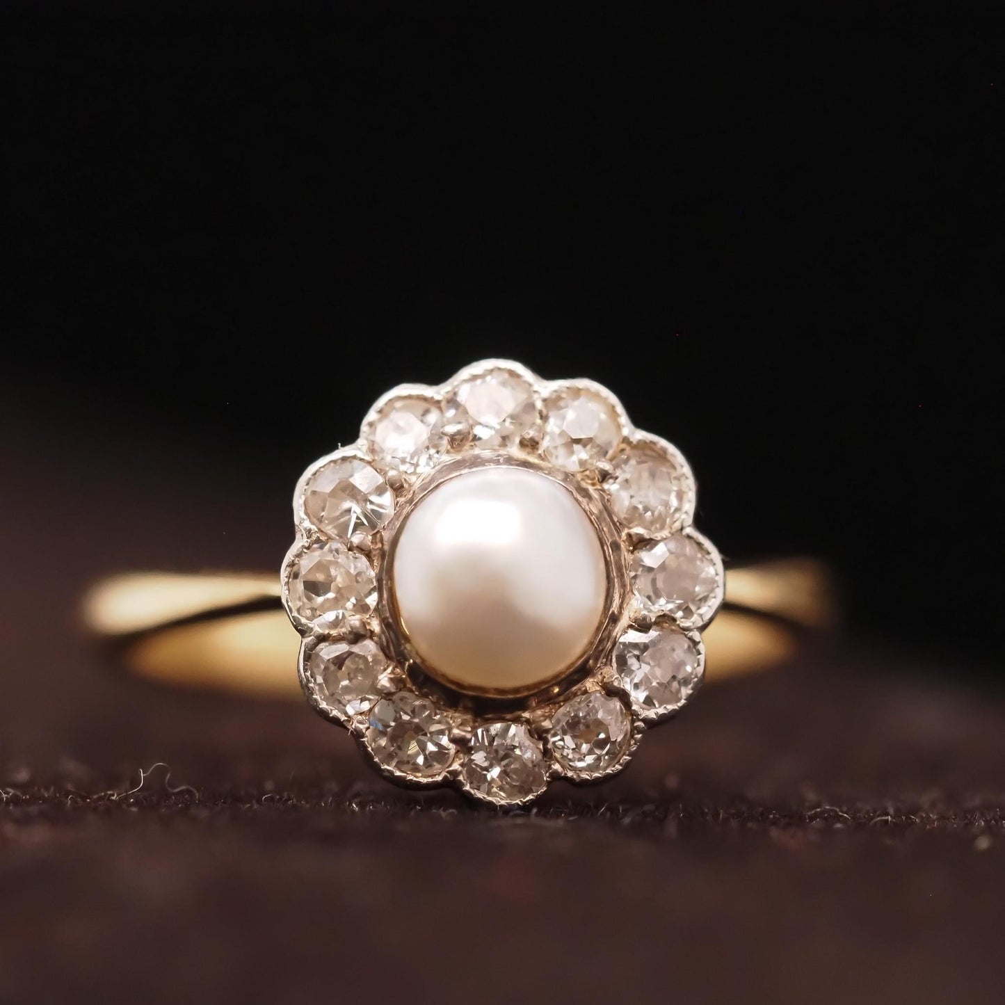 Circa 1900s Edwardian 14K Yellow Gold Pearl and Old European Diamond Ring - VHK#