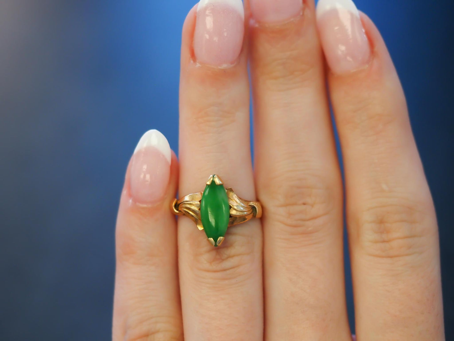 Estate Vintage 14K Gold Jade Navette Ring -VHK#23A