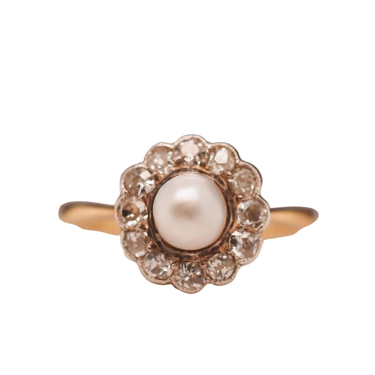 Circa 1900s Edwardian 14K Yellow Gold Pearl and Old European Diamond Ring - VHK#