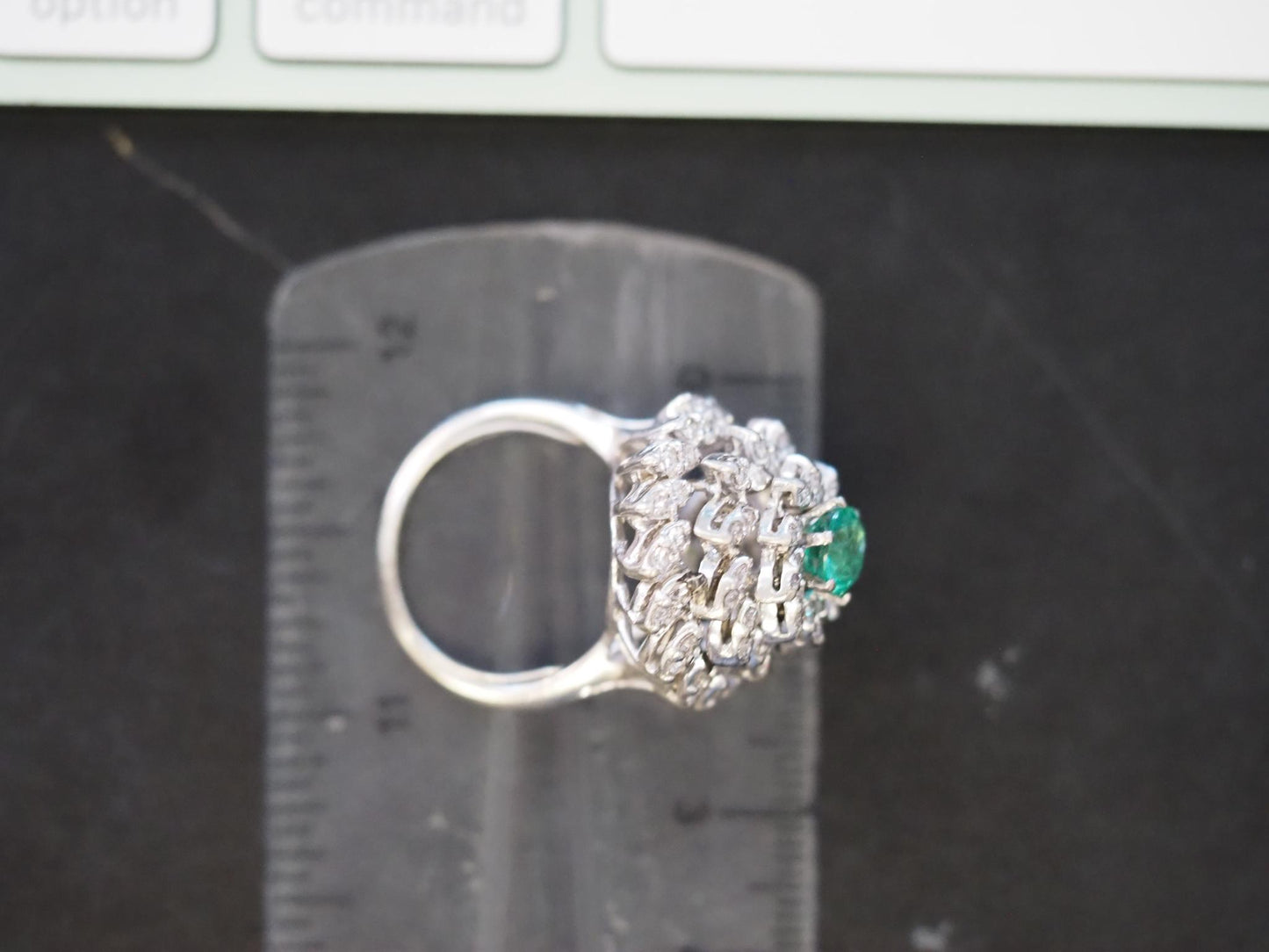 Estate 14K 1970s 14K White Gold Emerald and Diamond Cocktail Ring - VHK#994A
