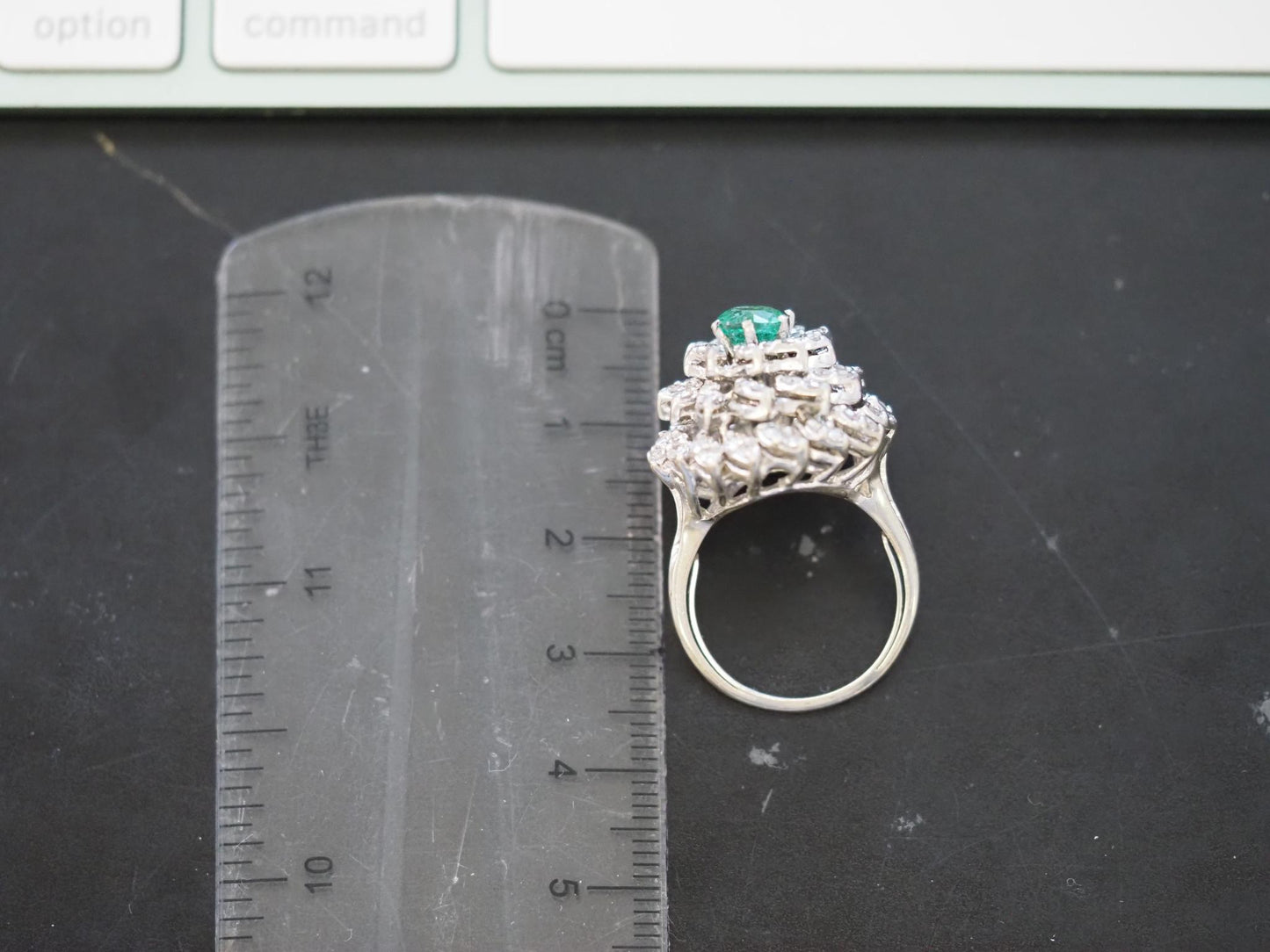 Estate 14K 1970s 14K White Gold Emerald and Diamond Cocktail Ring - VHK#994A