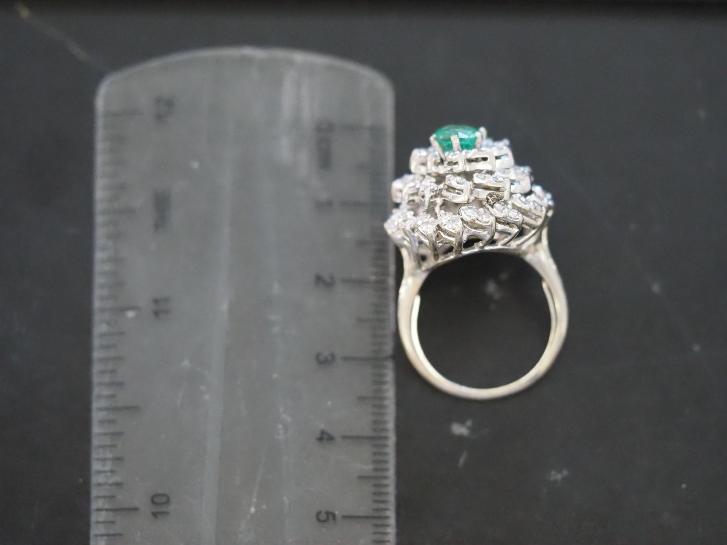 Estate 14K 1970s 14K White Gold Emerald and Diamond Cocktail Ring - VHK#994A