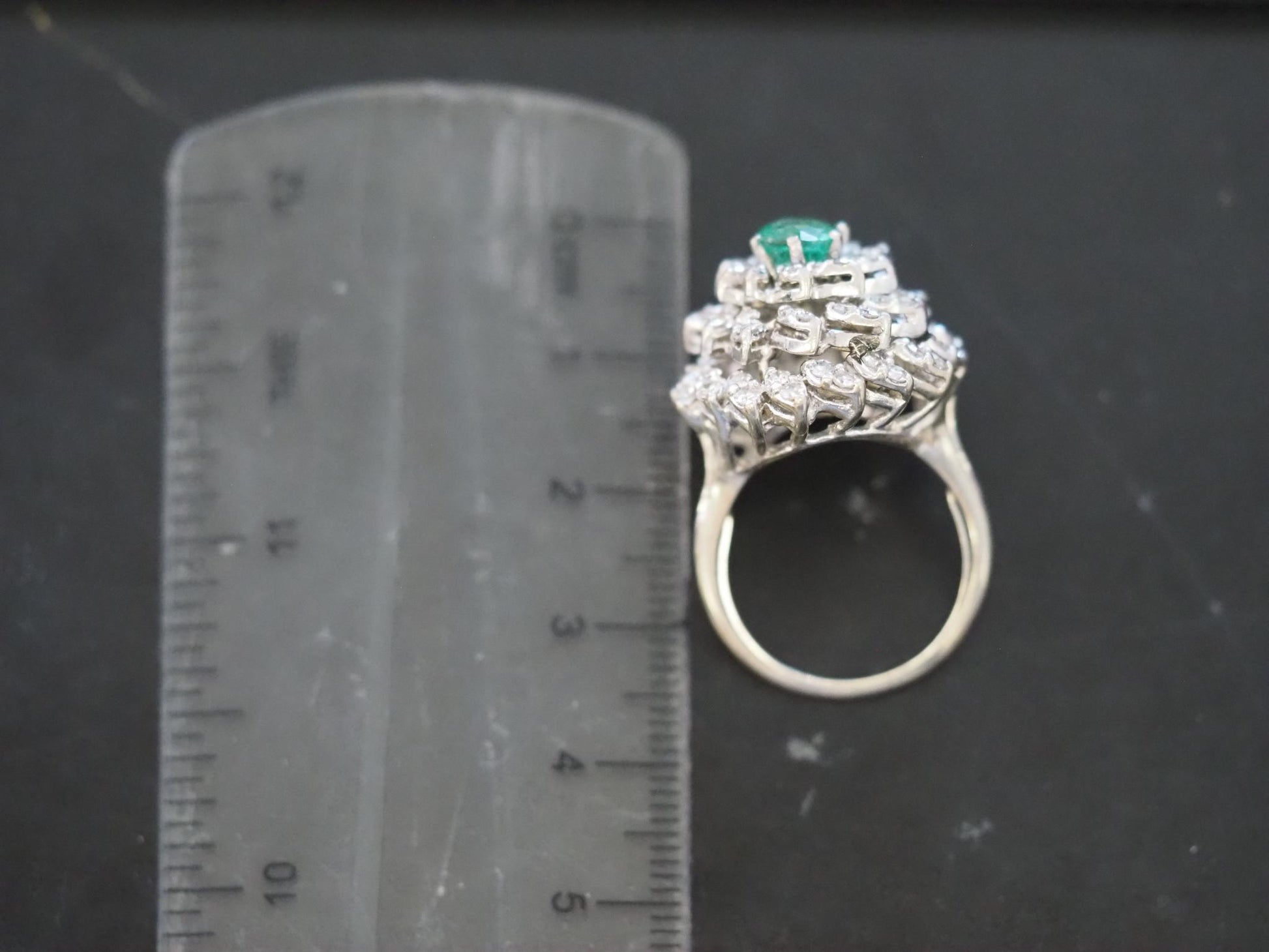 Estate 14K 1970s 14K White Gold Emerald and Diamond Cocktail Ring - VHK#994A